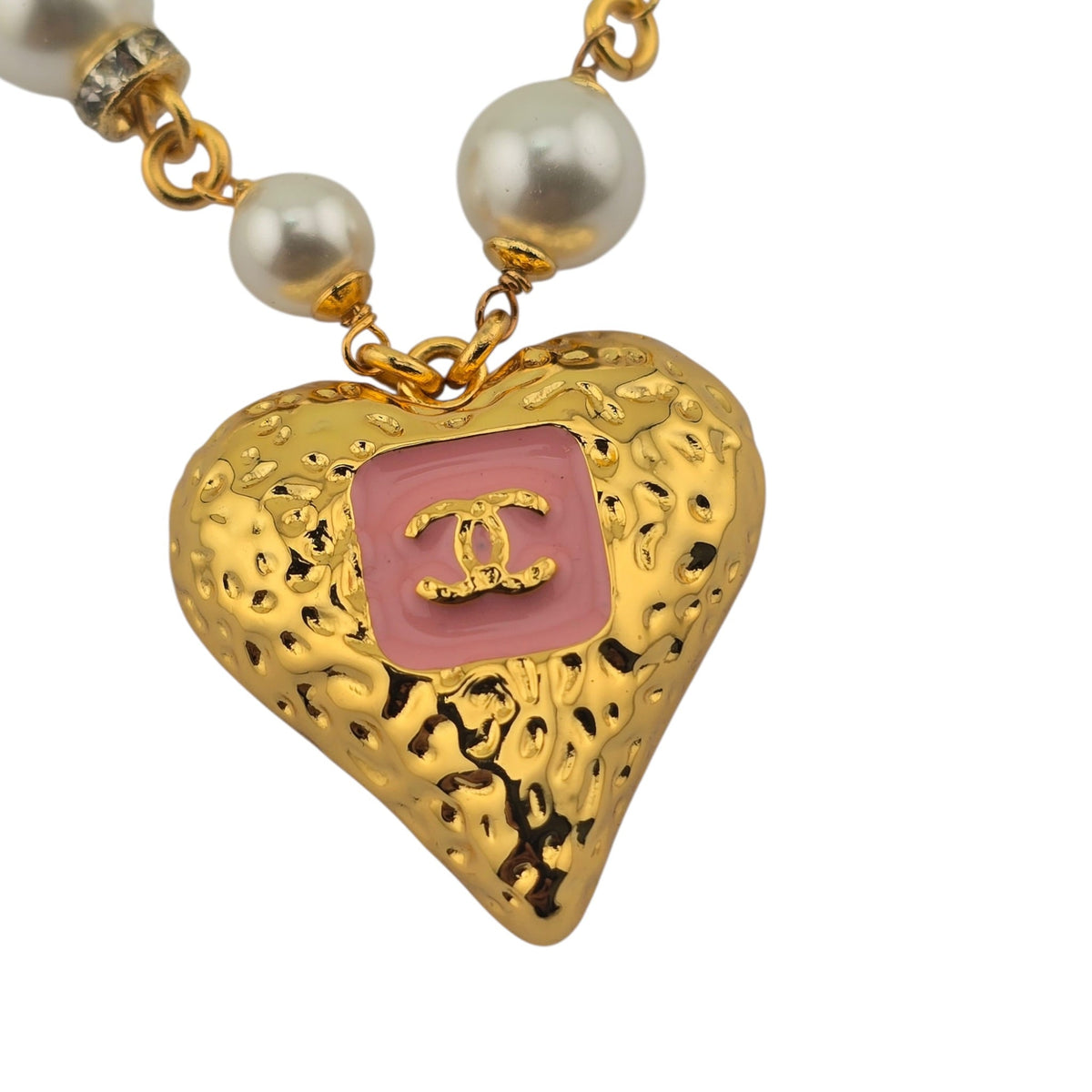 Chanel CC Pendant Pink White Gold Heart Necklace CHANEL