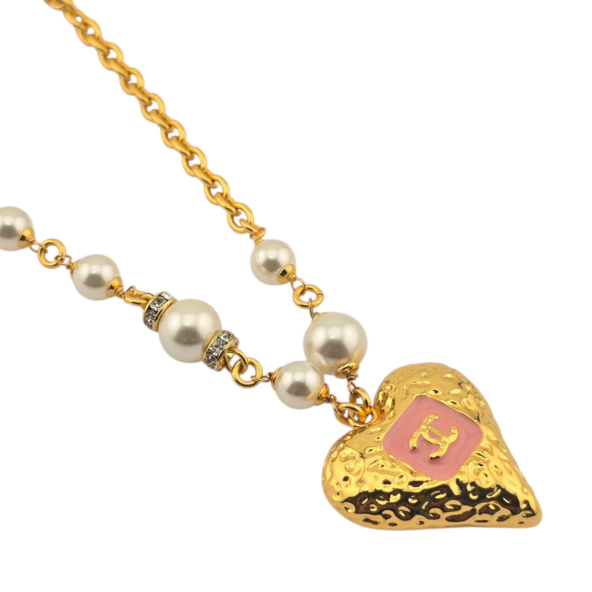 Chanel CC Pendant Pink White Gold Heart Necklace CHANEL