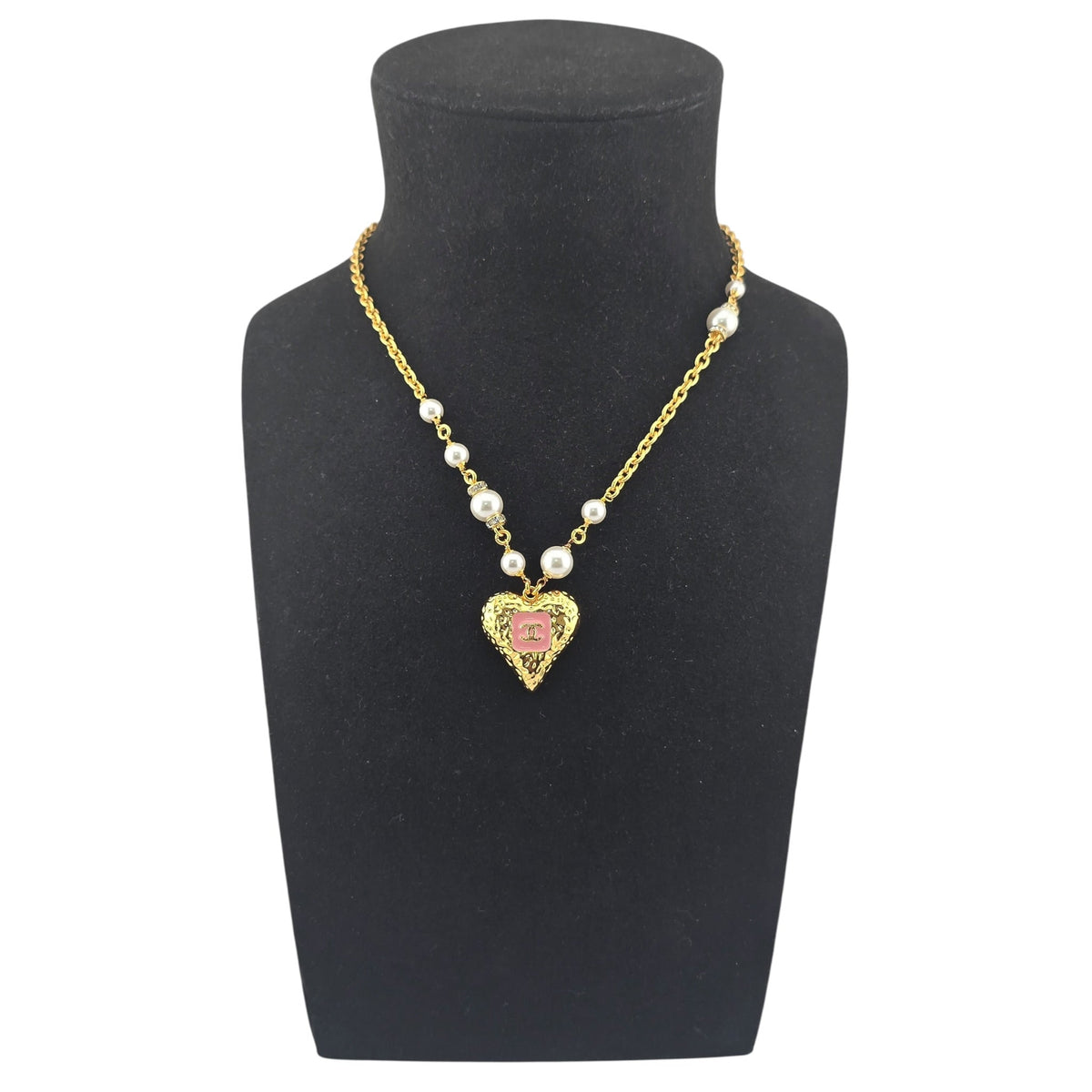 Chanel CC Pendant Pink White Gold Heart Necklace CHANEL