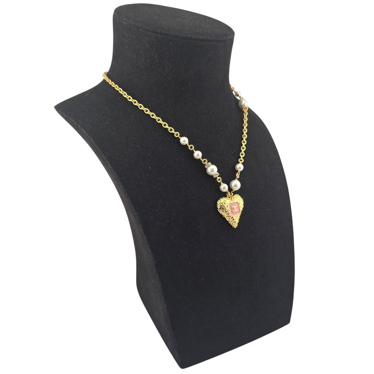 Chanel CC Pendant Pink White Gold Heart Necklace CHANEL