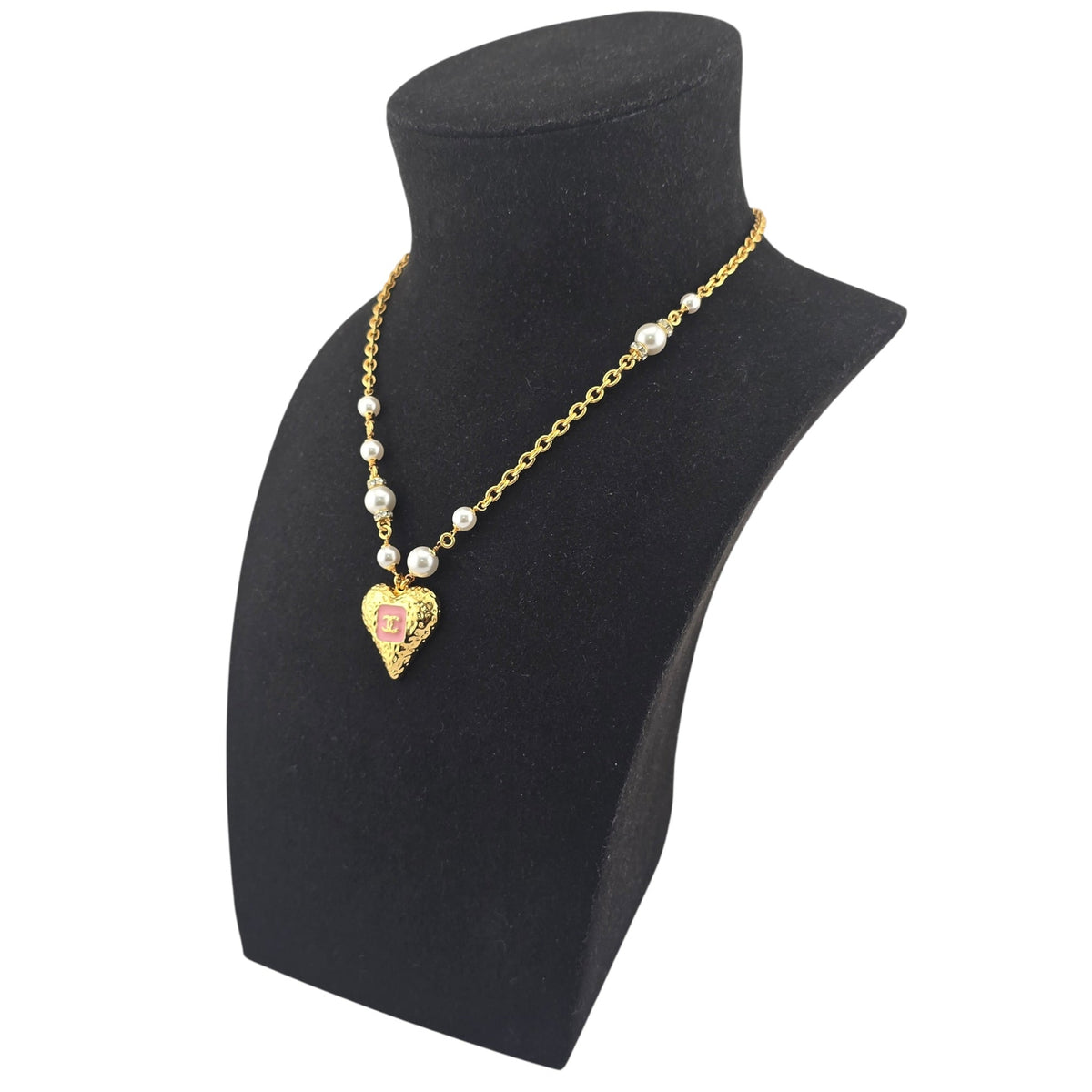 Chanel CC Pendant Pink White Gold Heart Necklace CHANEL