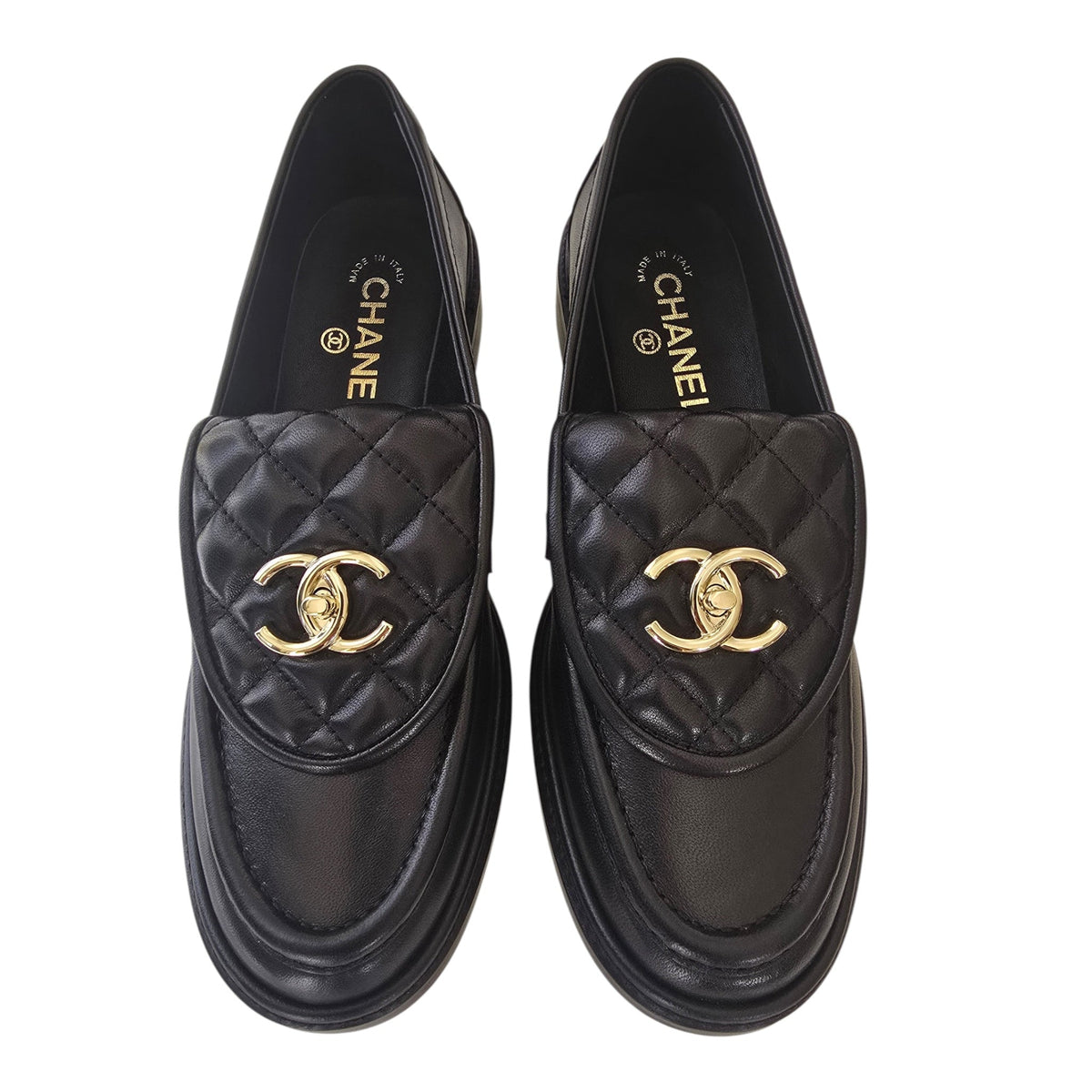 Chanel CC Lambskin Quilted Black Turnlock Loafers 39 CHANEL