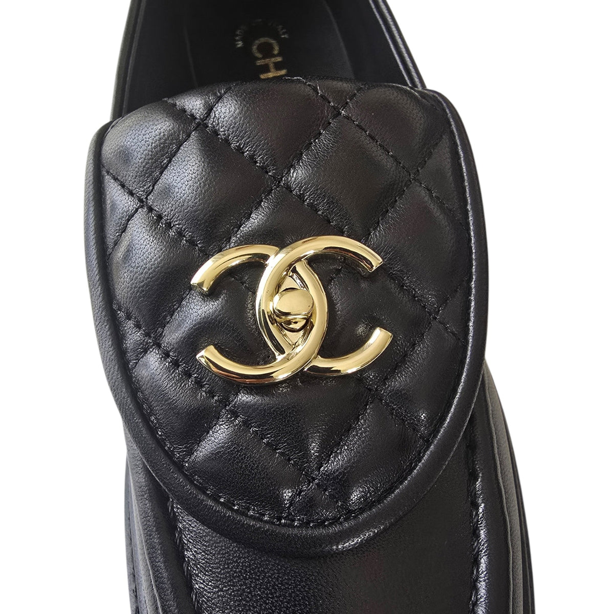 Chanel CC Lambskin Quilted Black Turnlock Loafers 39 CHANEL