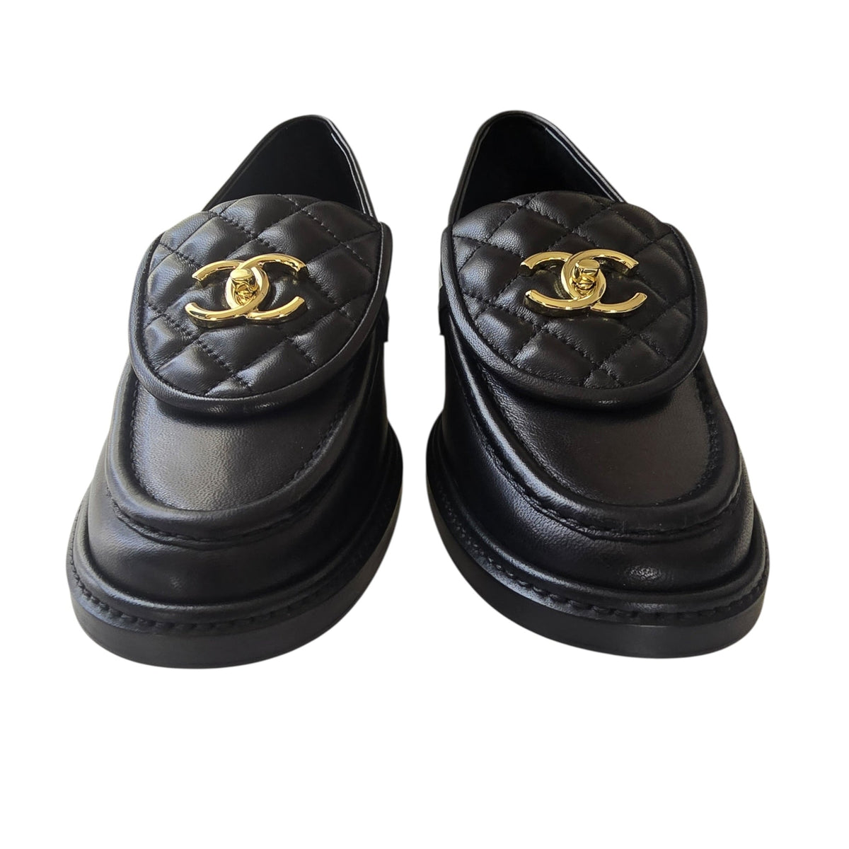 Chanel CC Lambskin Quilted Black Turnlock Loafers 39 CHANEL