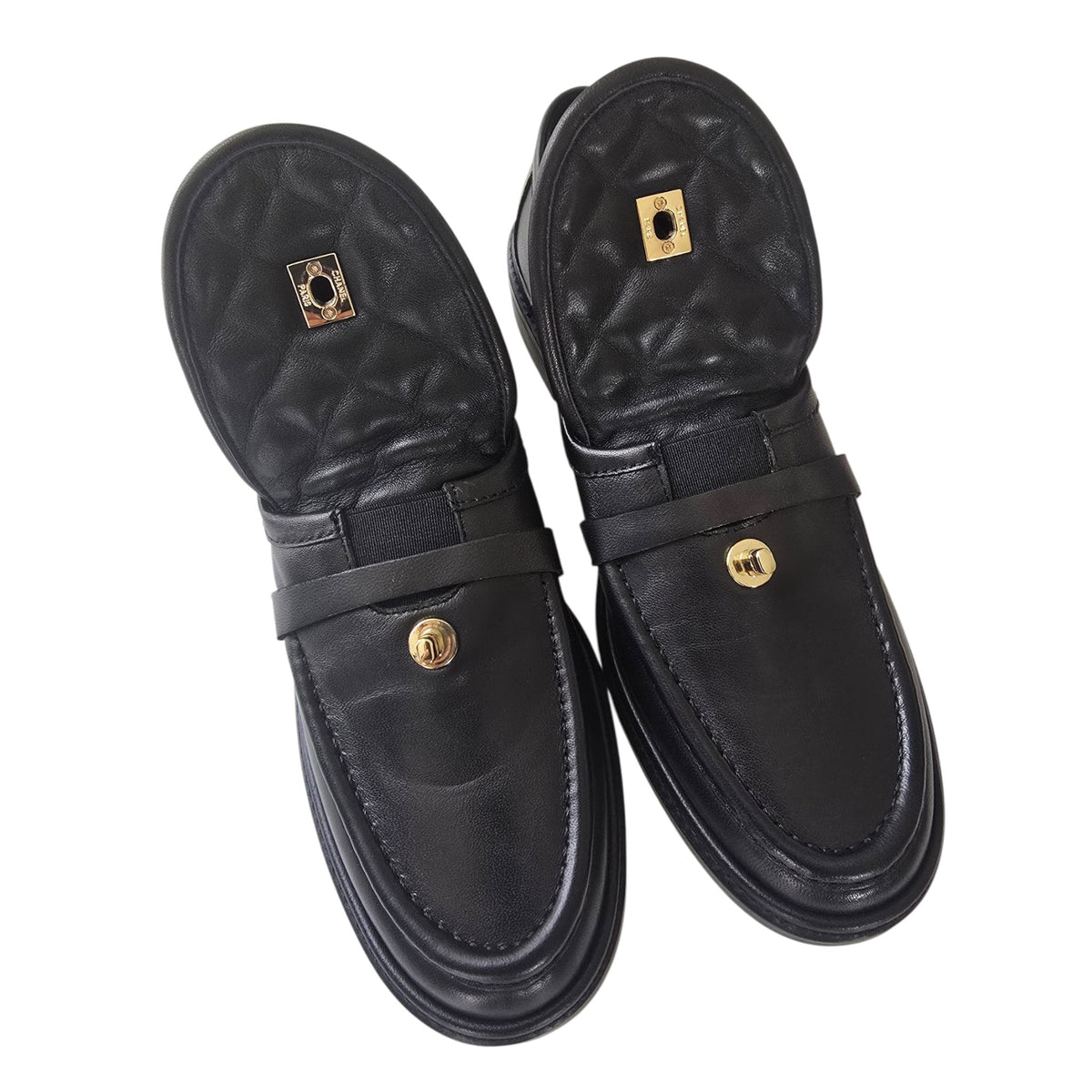 Chanel CC Lambskin Quilted Black Turnlock Loafers 39 CHANEL