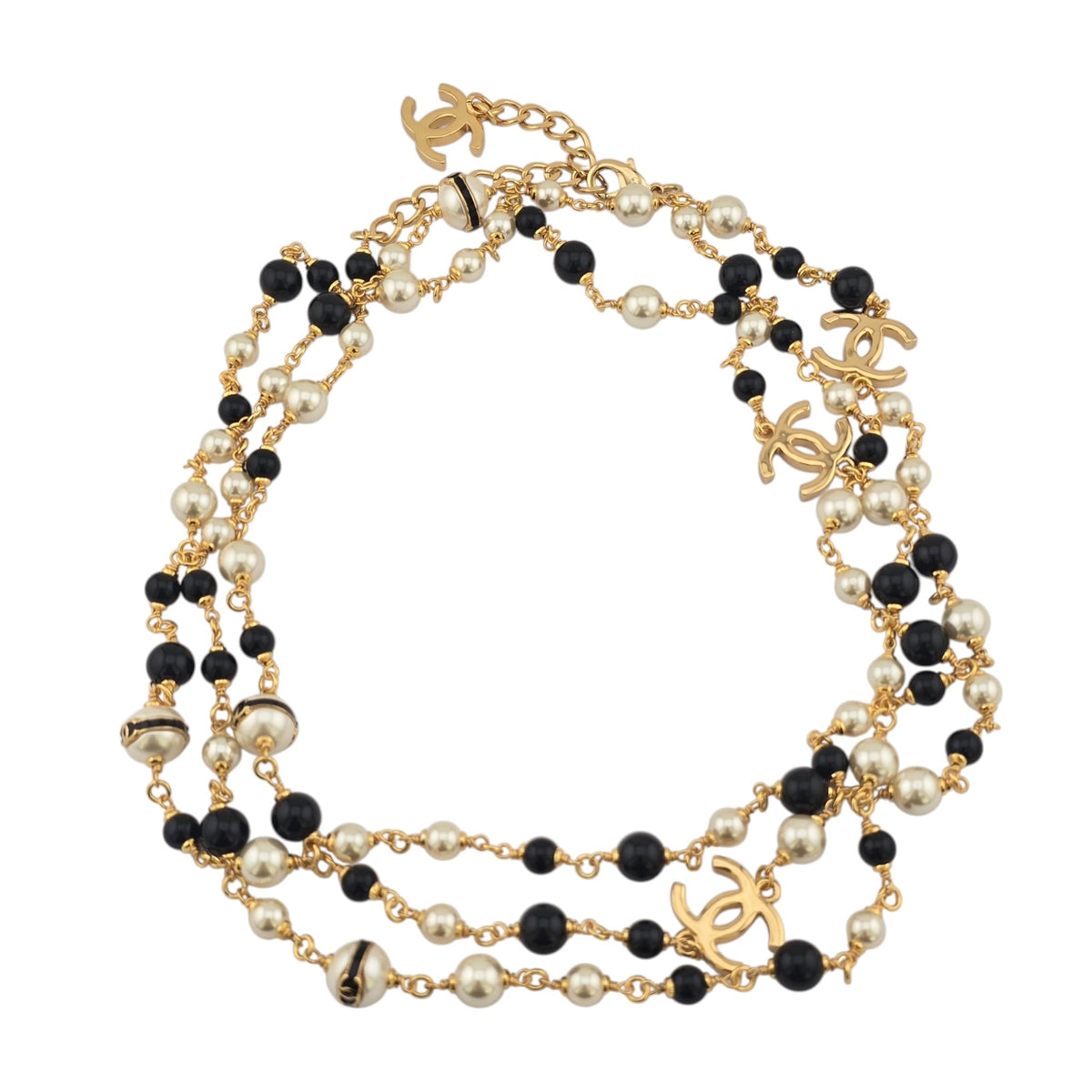 Chanel CC Long Faux Pearl White Black Gold Necklace 2025 CHANEL