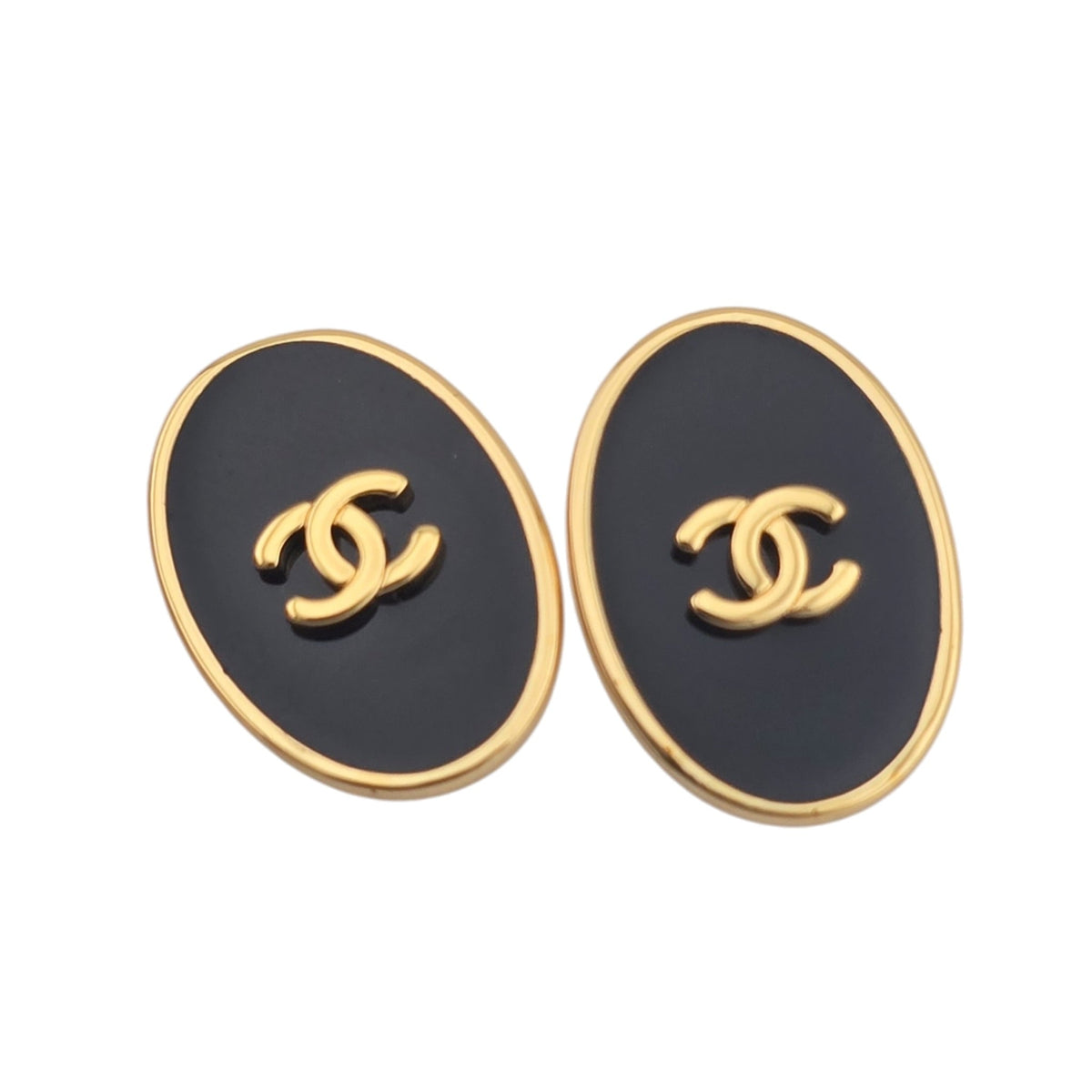 Chanel CC Metal Resin Oval Earrings Black Gold 2026 CHANEL