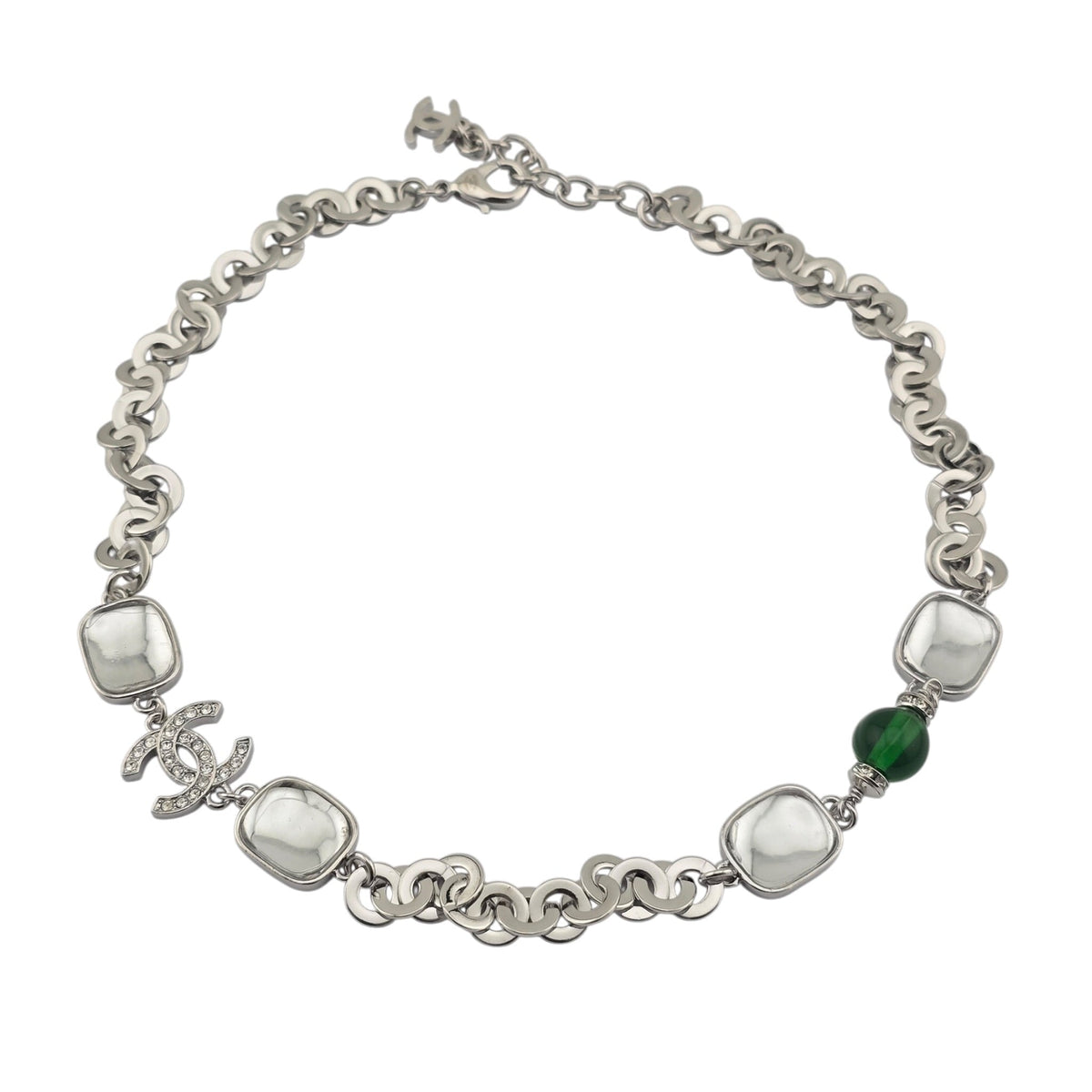 Chanel CC Silver Green Crystal Necklace 2026 CHANEL