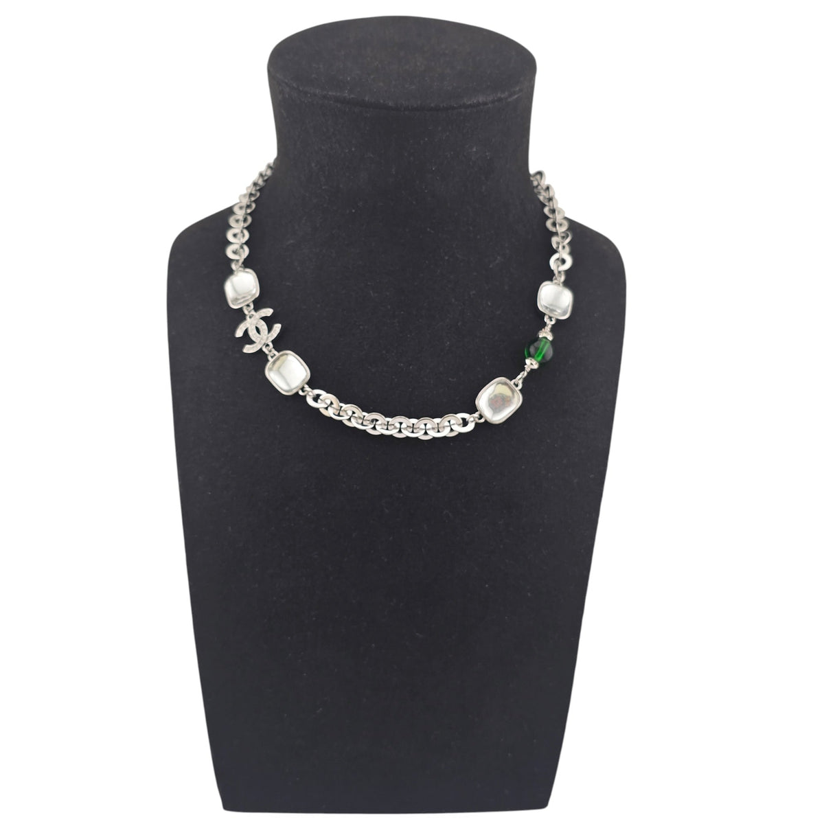 Chanel CC Silver Green Crystal Necklace 2026 CHANEL