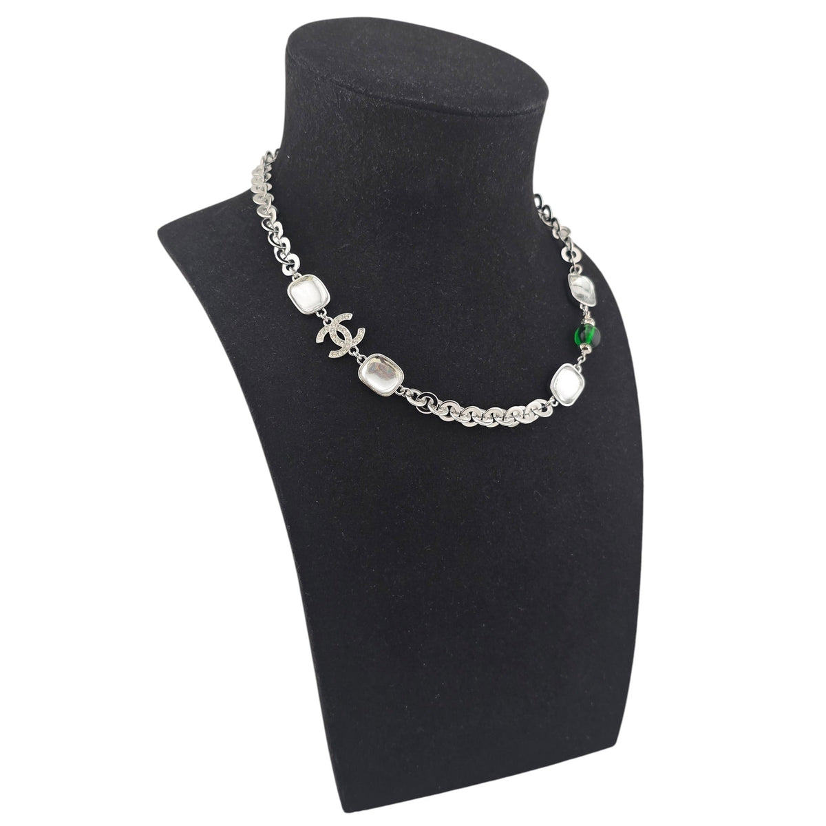 Chanel CC Silver Green Crystal Necklace 2026 CHANEL