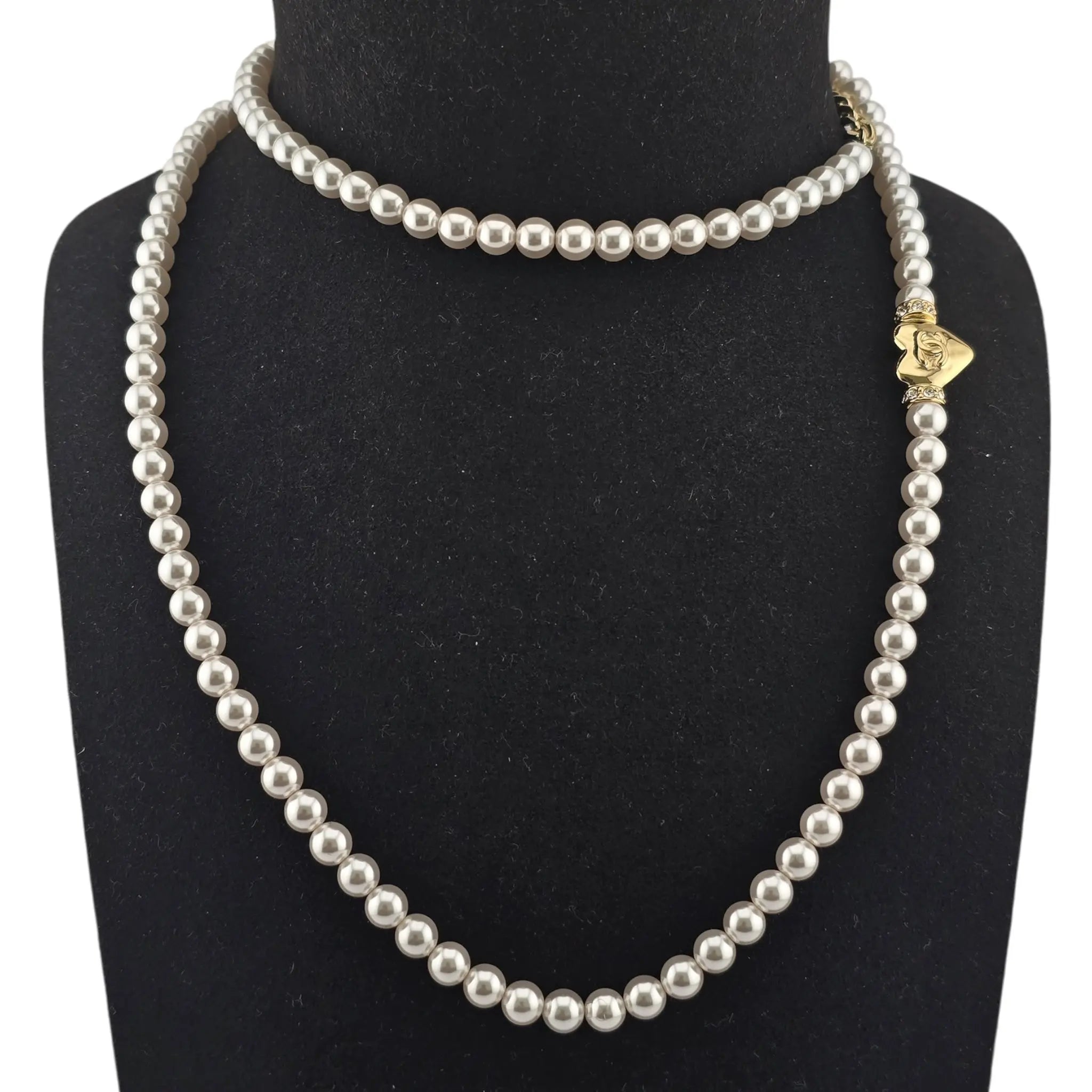 Chanel CC Long Faux Pearl Gold Heart Necklace CHANEL