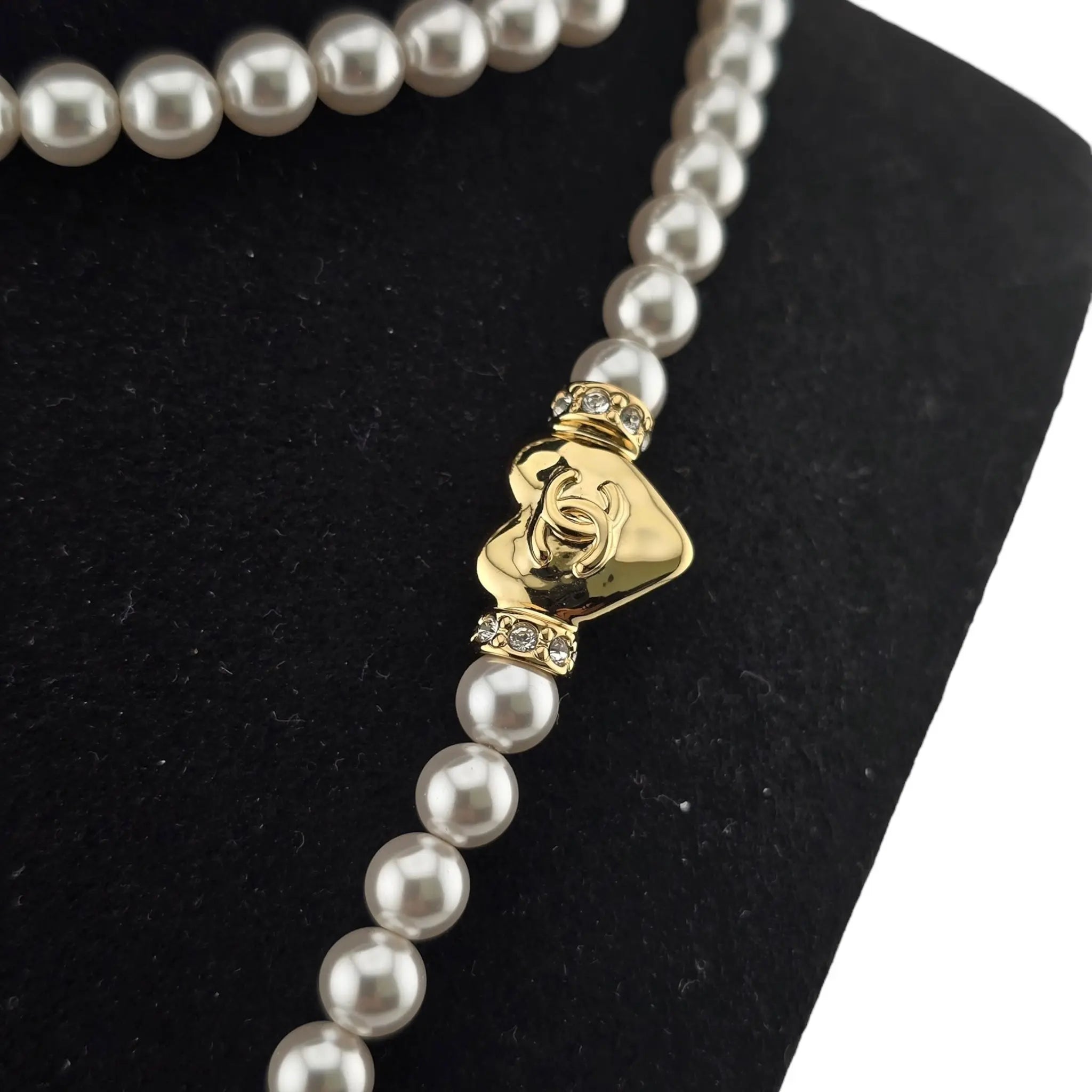 Chanel CC Long Faux Pearl Gold Heart Necklace CHANEL
