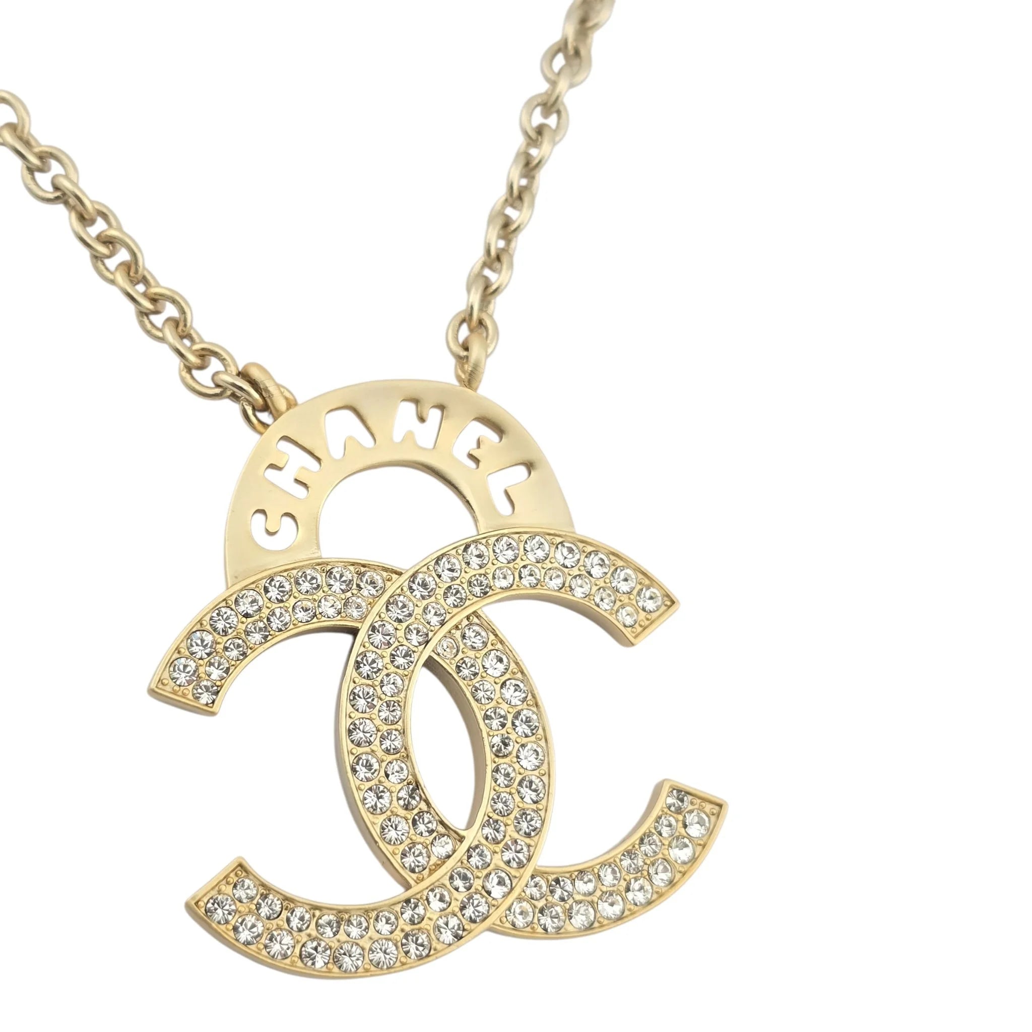 Chanel Crystal CC Logo Necklace Gold CHANEL