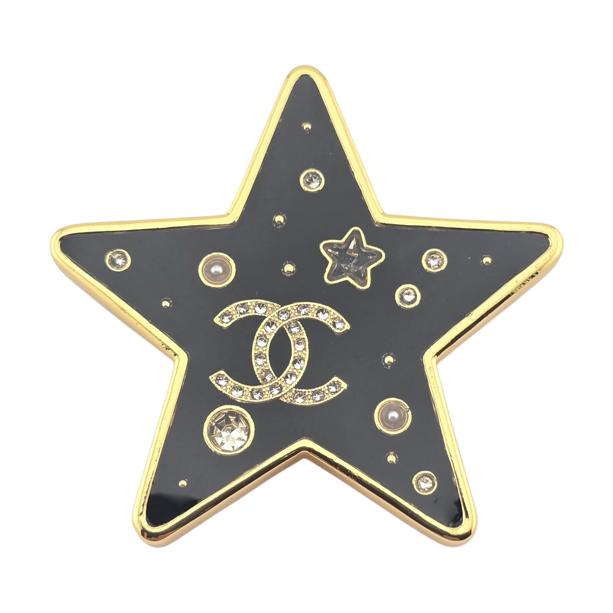 Chanel CC Star Metal Resin Logo Brooch Gold Black 2024 CHANEL