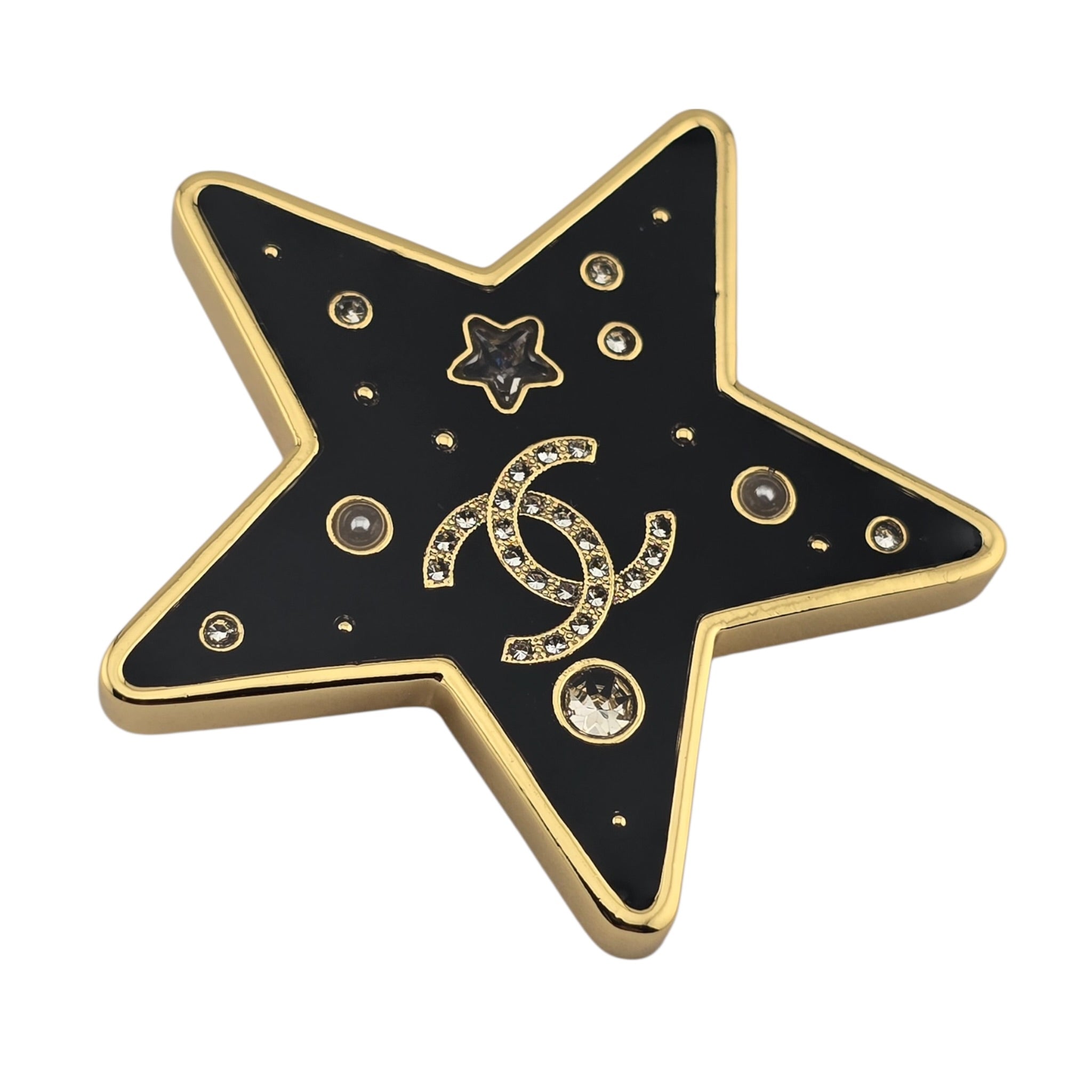 Chanel CC Star Metal Resin Logo Brooch Gold Black 2024 CHANEL