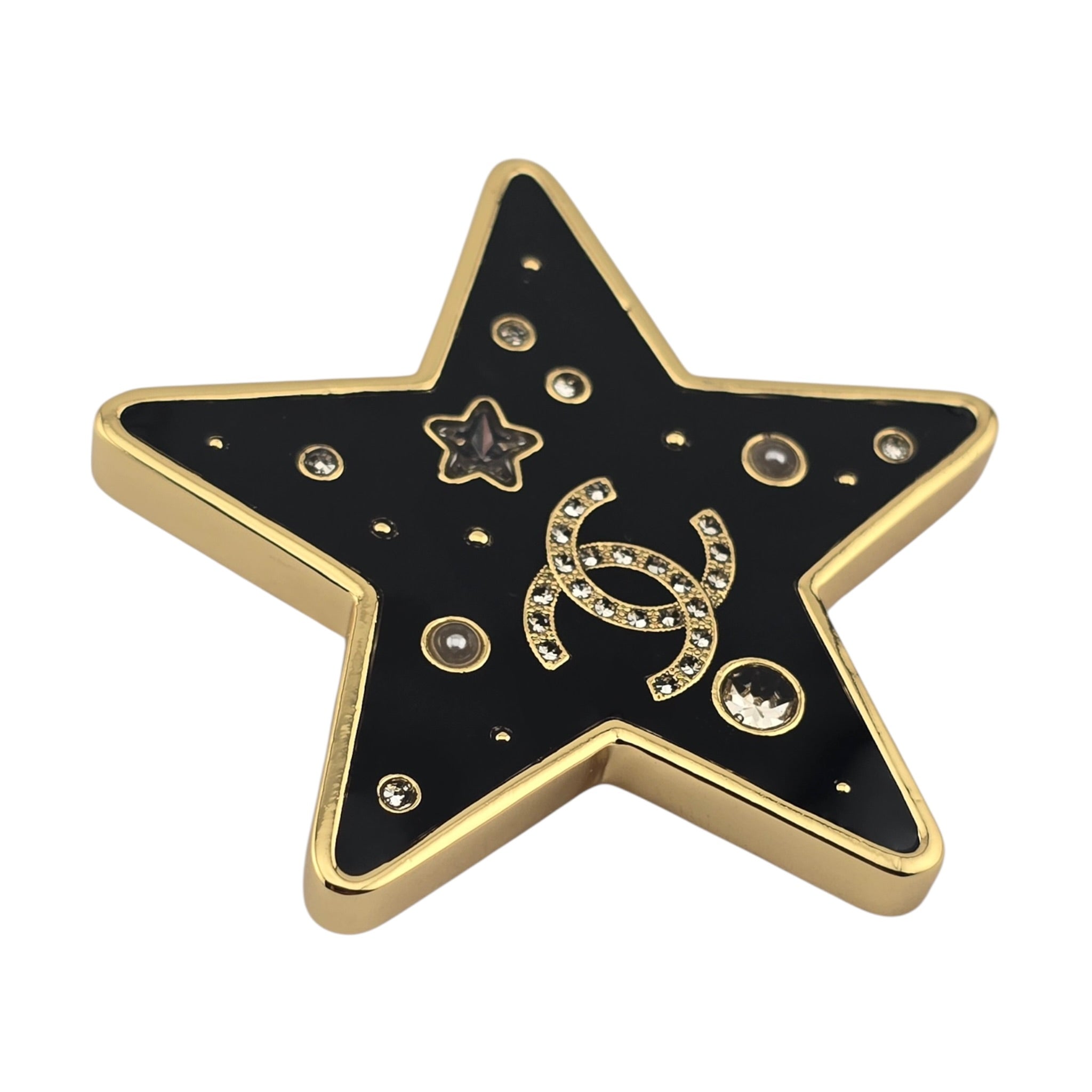 Chanel CC Star Metal Resin Logo Brooch Gold Black 2024 CHANEL