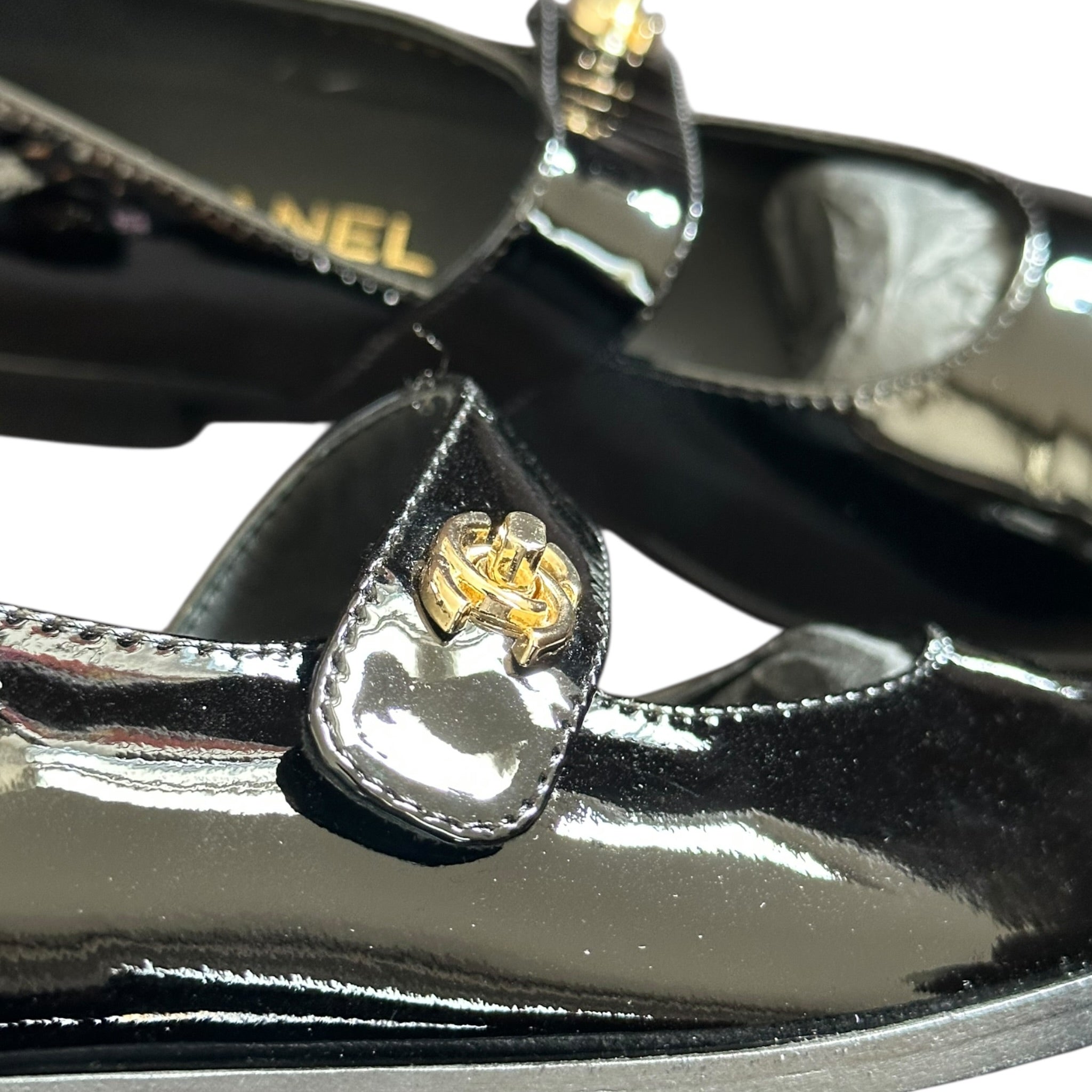 Chanel Patent Calfskin Mary Janes Flats 39 Black CHANEL