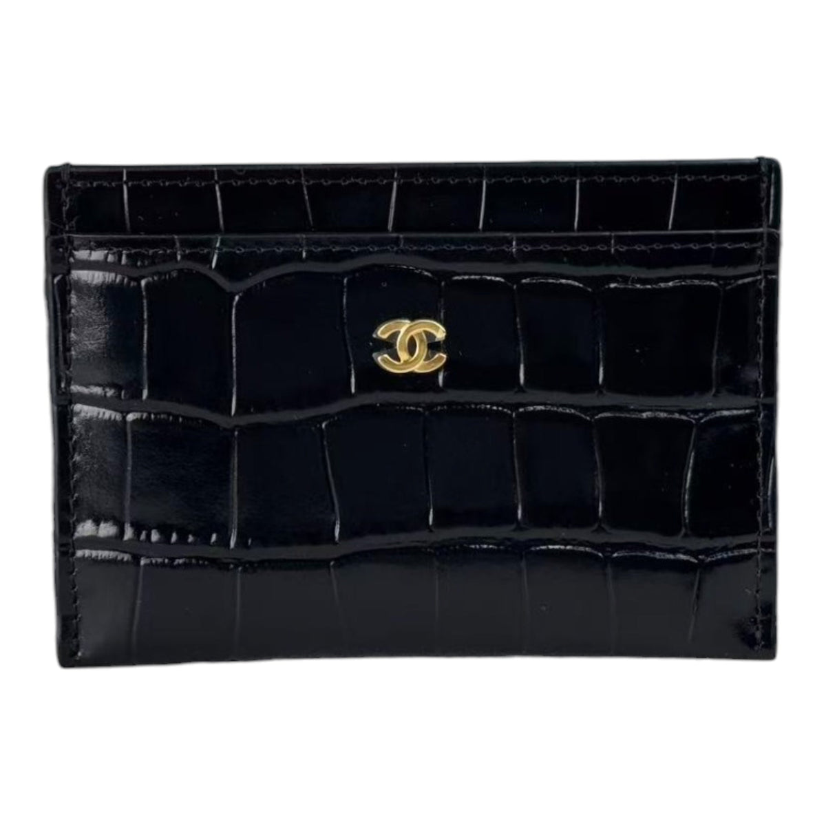 Chanel CC Calfskin Crocodile Embossed Card Holder Black GHW CHANEL