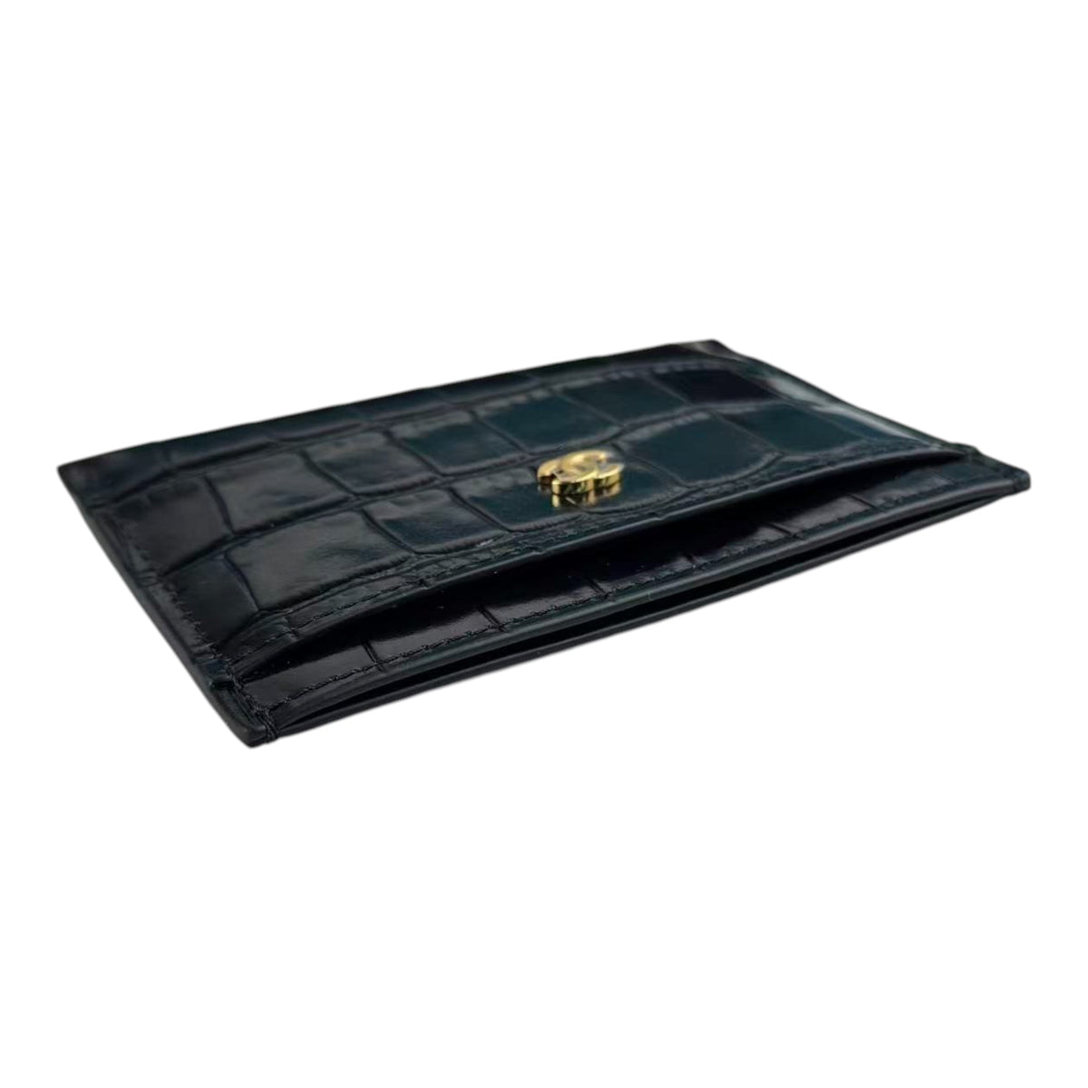 Chanel CC Calfskin Crocodile Embossed Card Holder Black GHW CHANEL