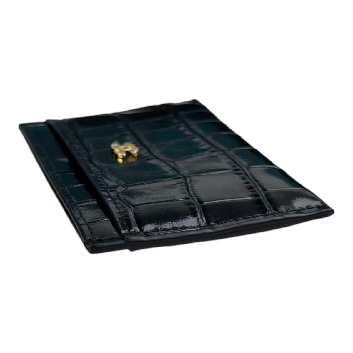 Chanel CC Calfskin Crocodile Embossed Card Holder Black GHW CHANEL