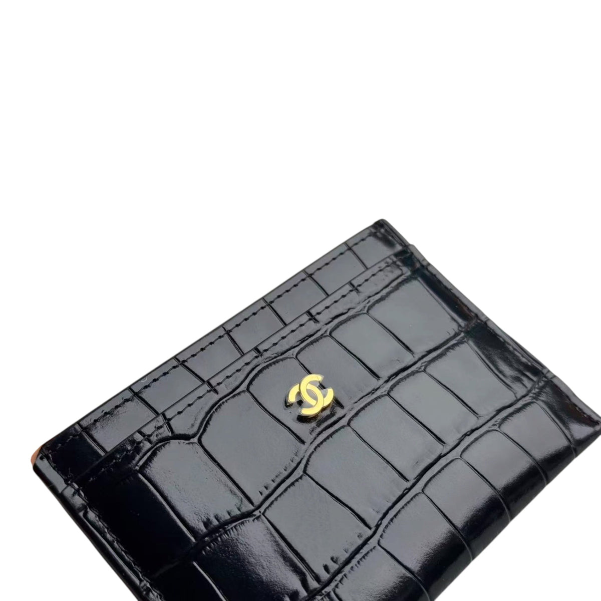 Chanel CC Calfskin Crocodile Embossed Card Holder Black GHW CHANEL