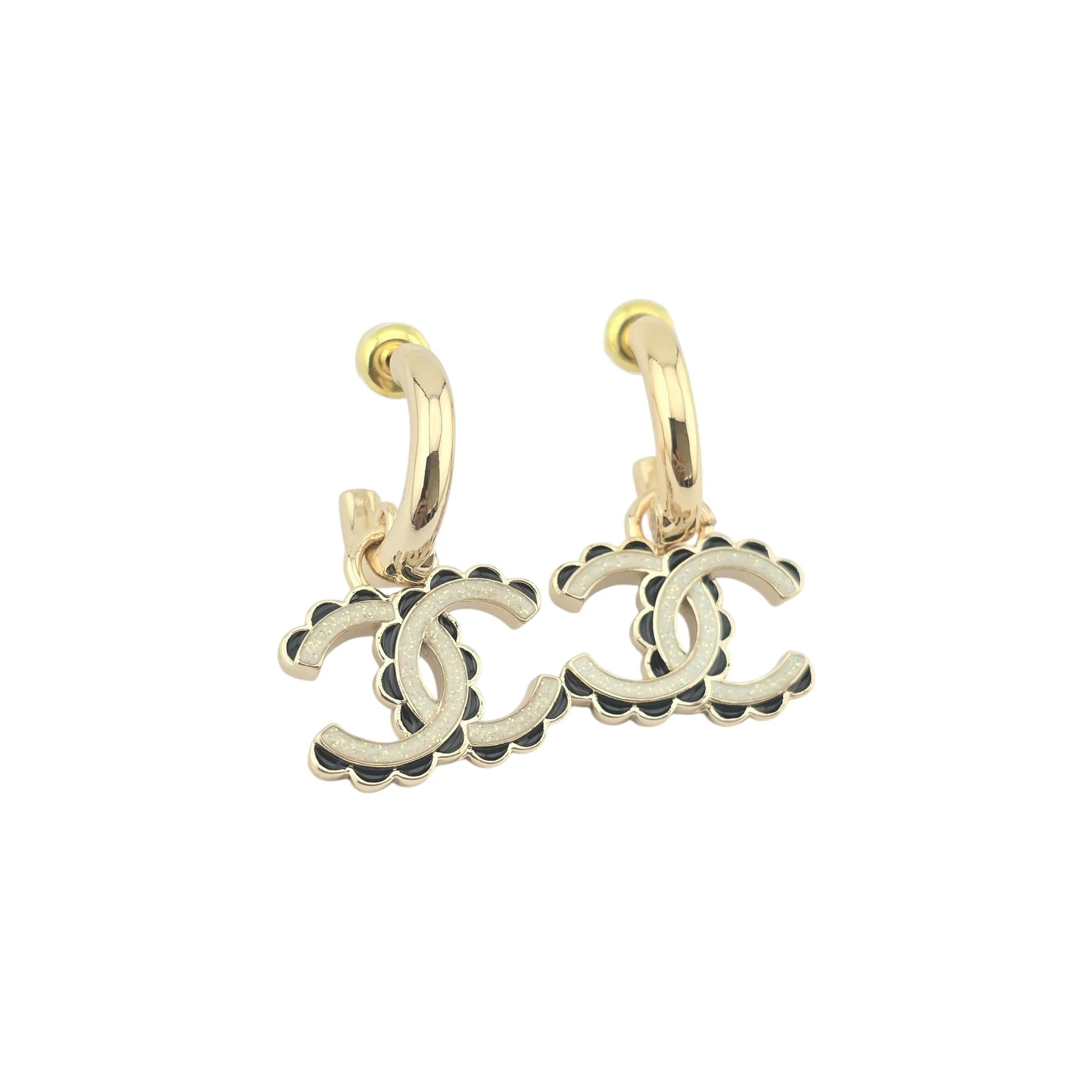Chanel CC Black/White Enamel Hoop C24 Earrings CHANEL