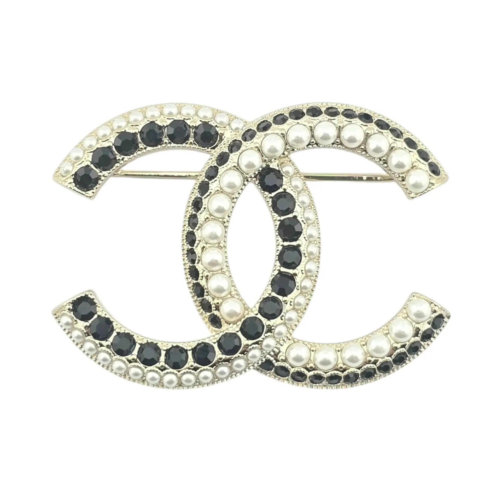 Chanel CC Gold Black Crystals Faux Pearl Brooch 2022 CHANEL