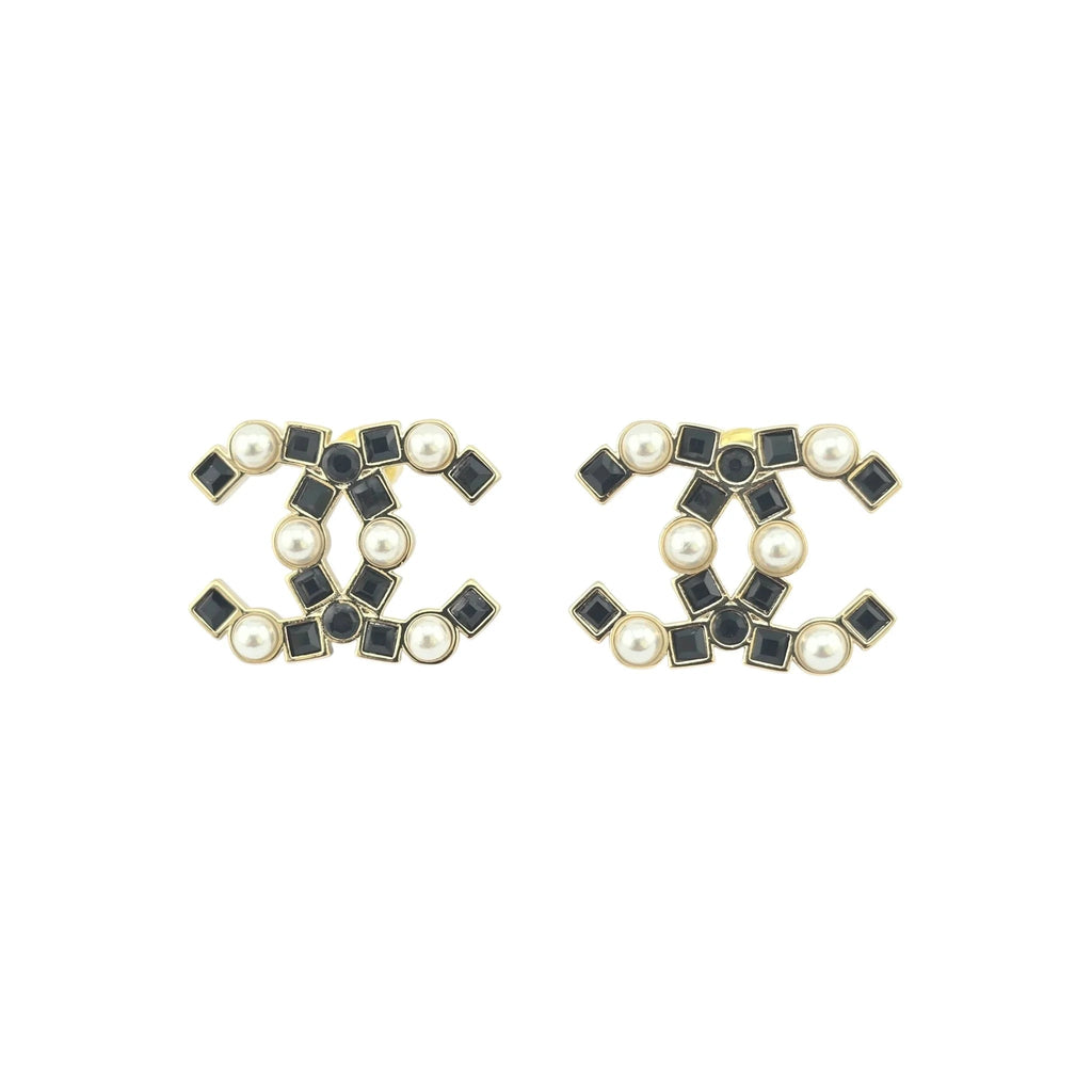 Chanel CC Black Crystal Pearl Stud Earrings 22P CHANEL