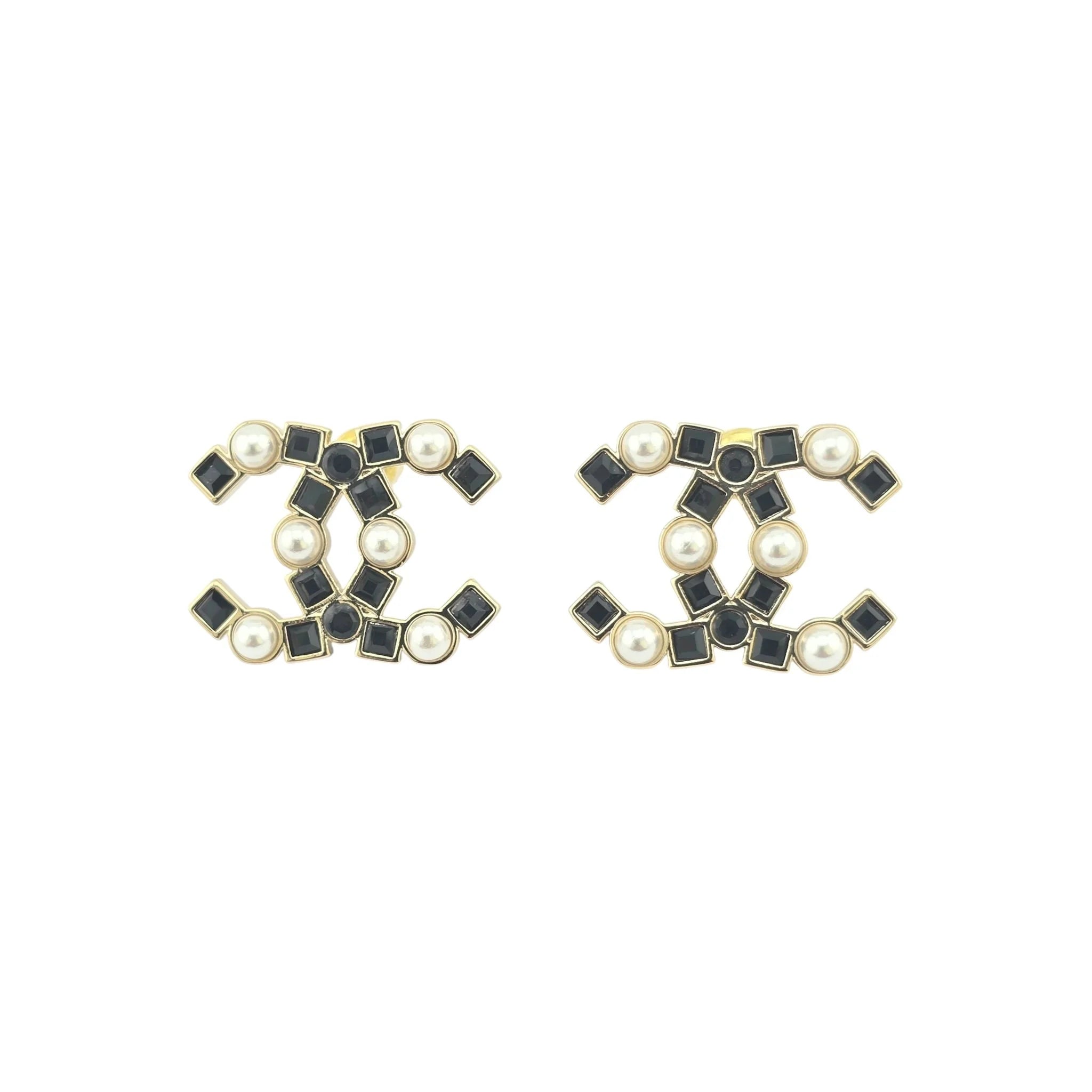 Chanel CC Black Crystal Pearl Stud Earrings 22P CHANEL
