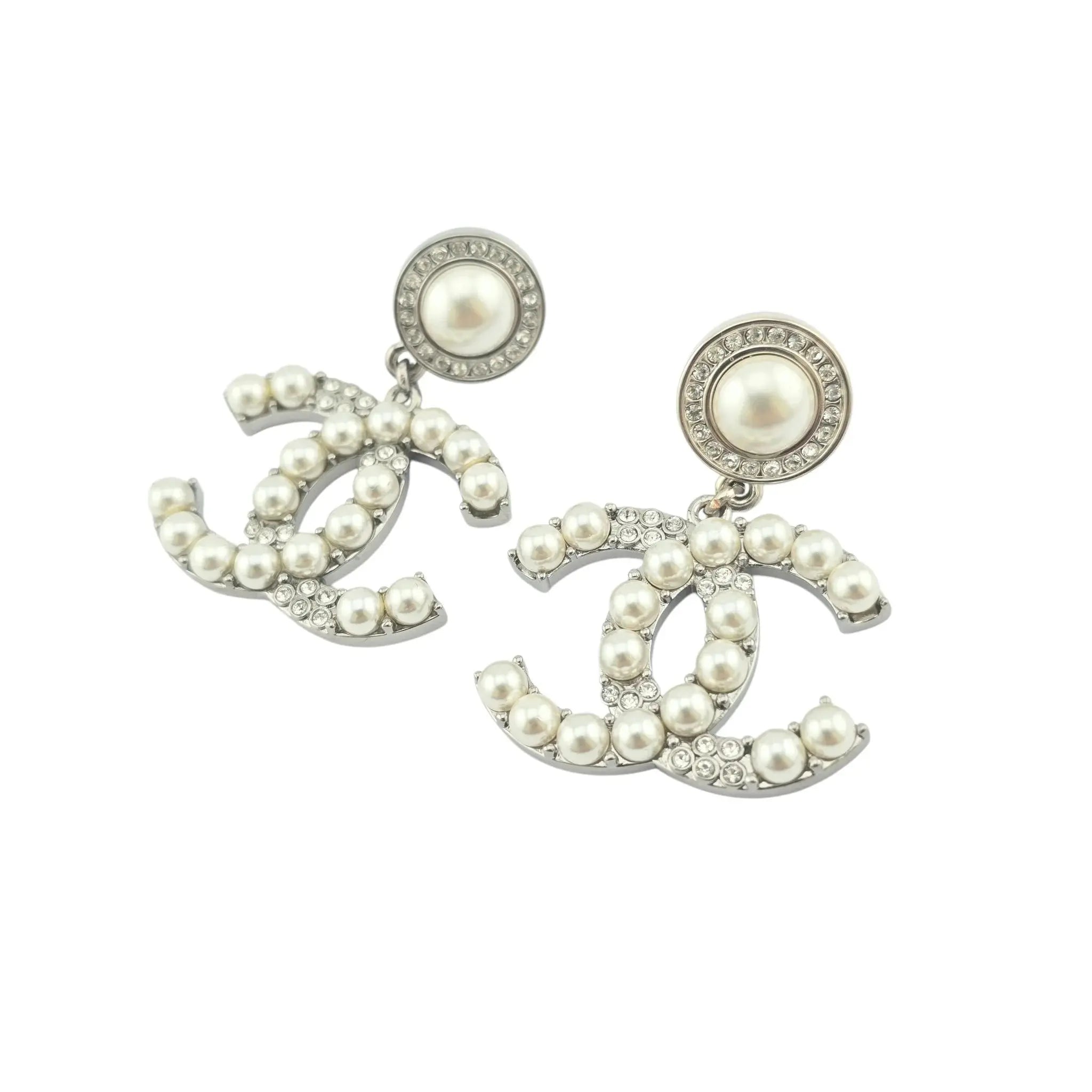 Chanel CC Faux Pearls Crystal Silver Earrings 2021 CHANEL