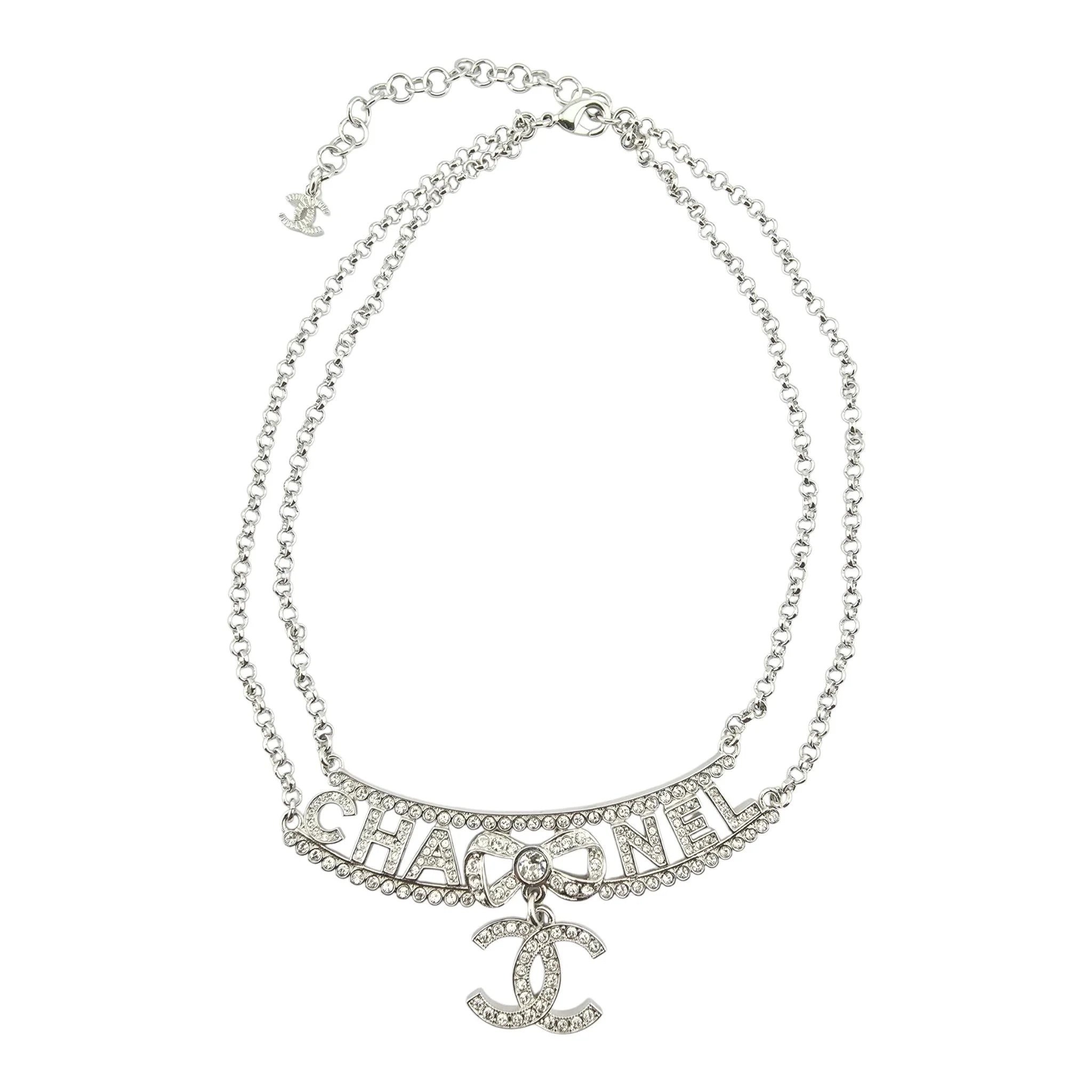 Chanel CC Silver Crystal Pendant Choker Necklace 2022 CHANEL