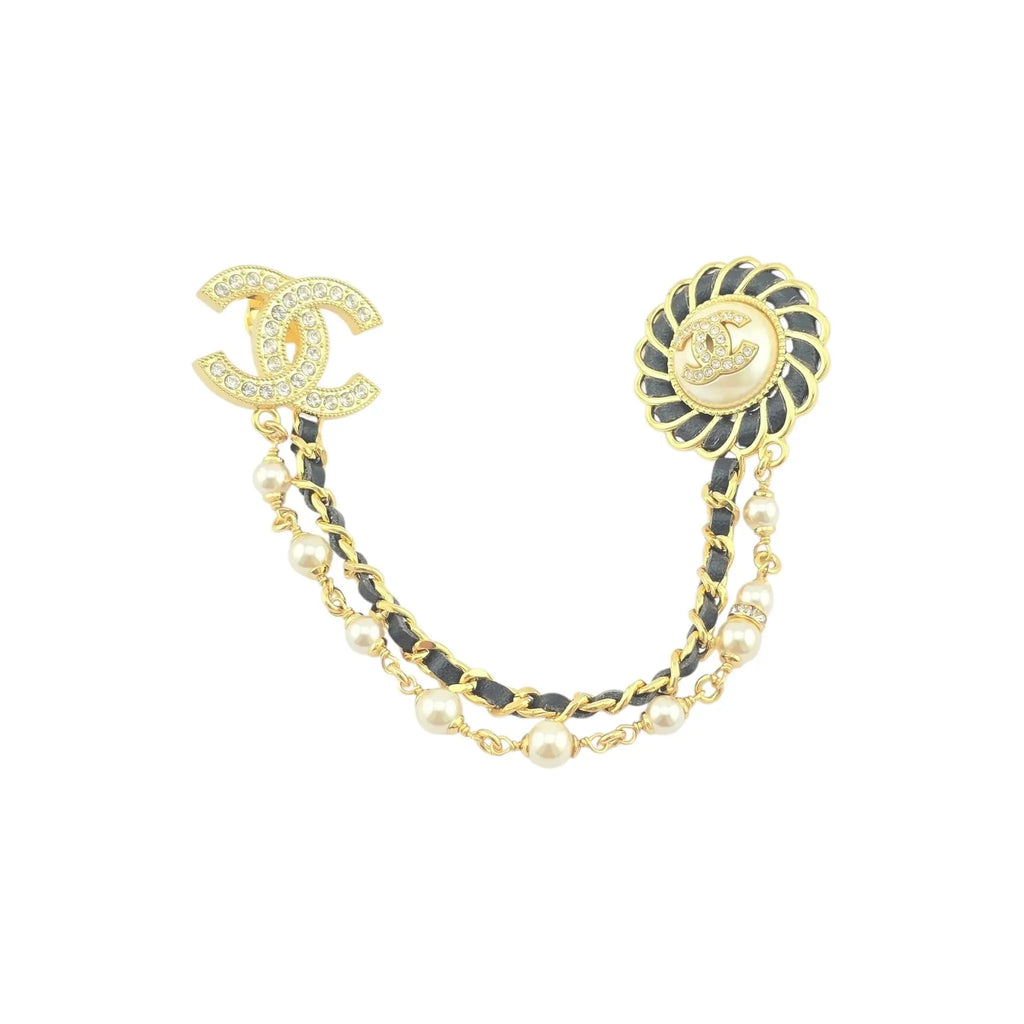 Chanel CC Leather Faux Pearl Crystal Chain Brooch 2024 CHANEL