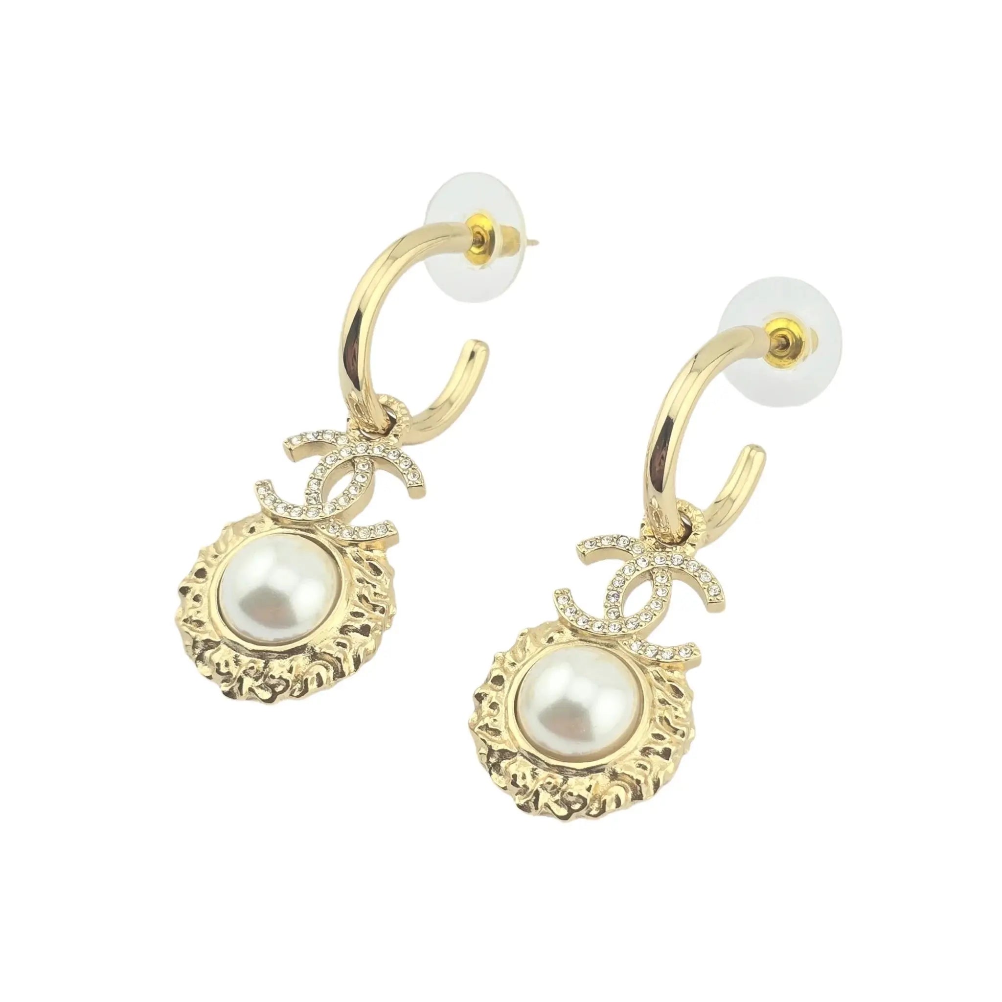 Chanel CC Faux Pearl & Strass Drop Hoop Earrings 2022 CHANEL