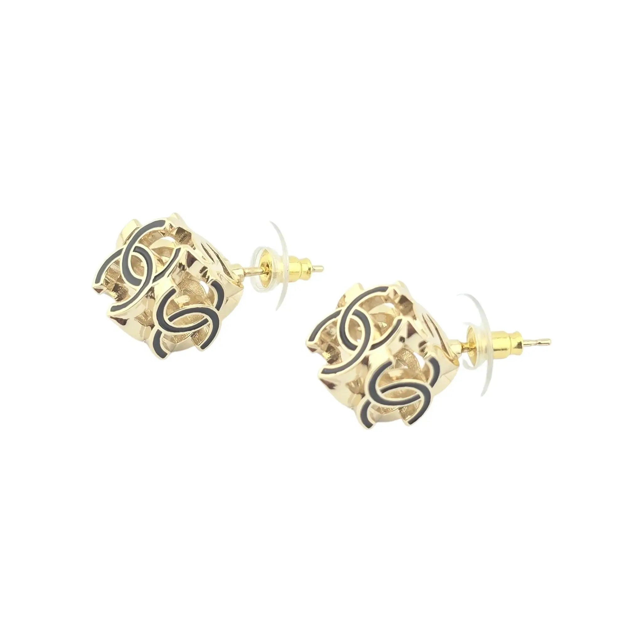 Chanel CC Logo Cube Earrings Black Gold 2022 CHANEL