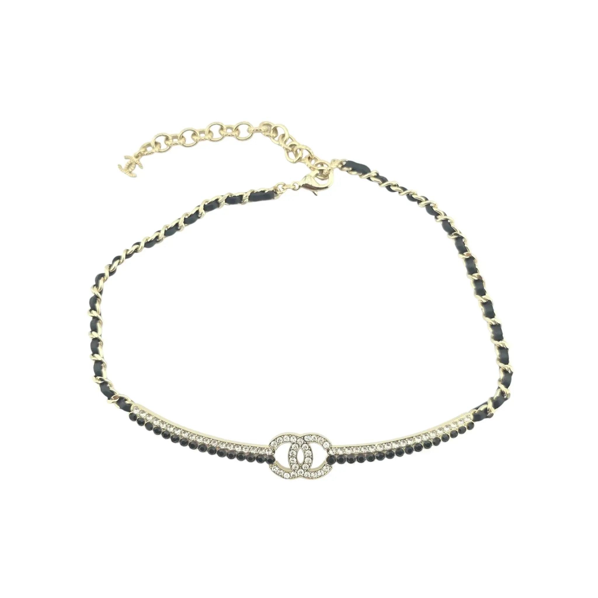 Chanel CC Black Gold Leather Choker Necklace A22 CHANEL