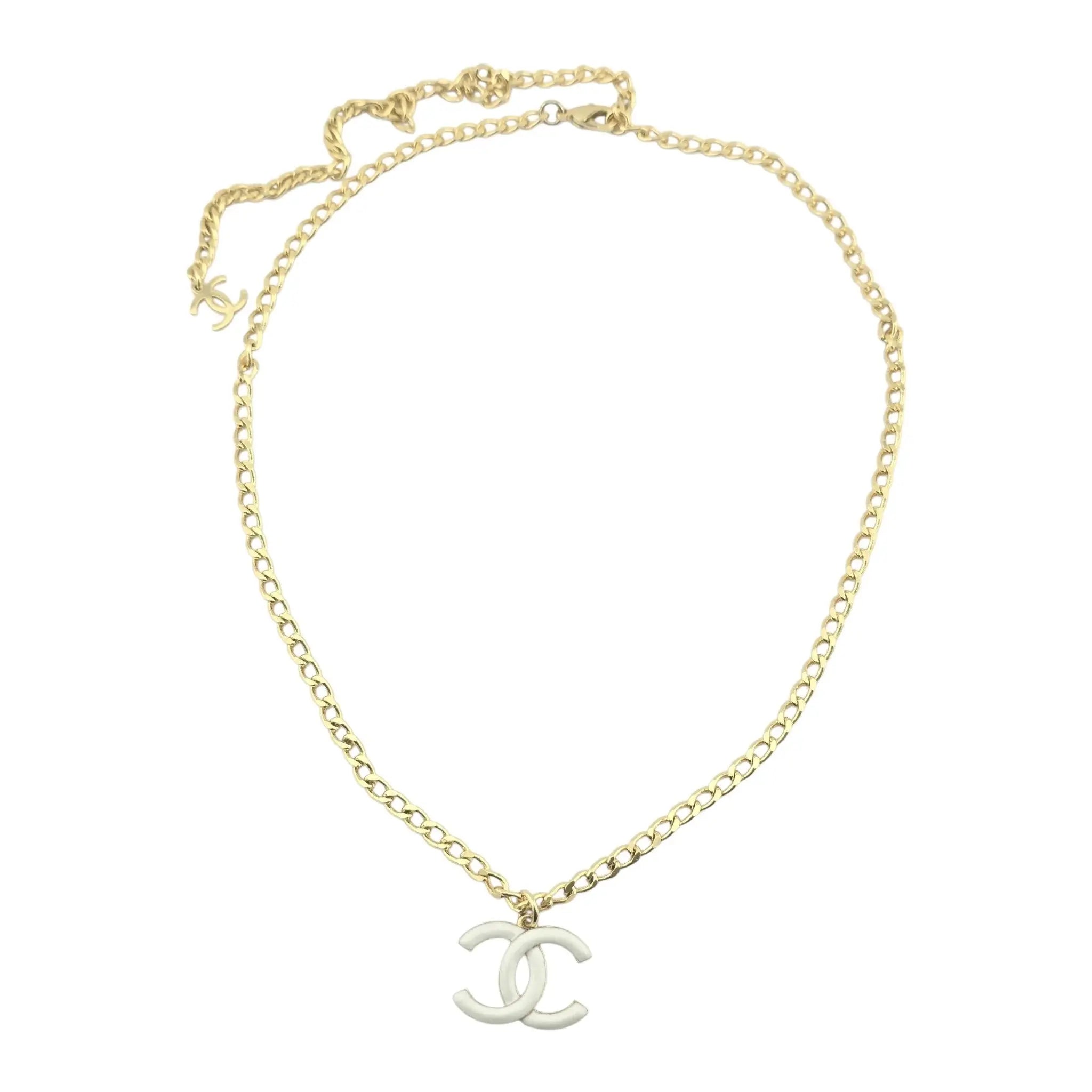 Chanel CC Gold White Enamel Pendant Necklace A22 CHANEL