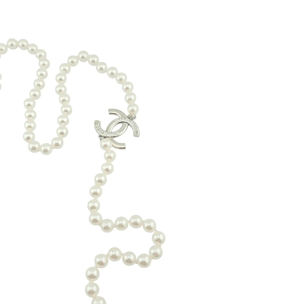 Chanel CC Long Faux Pearl Silver Necklace 2025 CHANEL