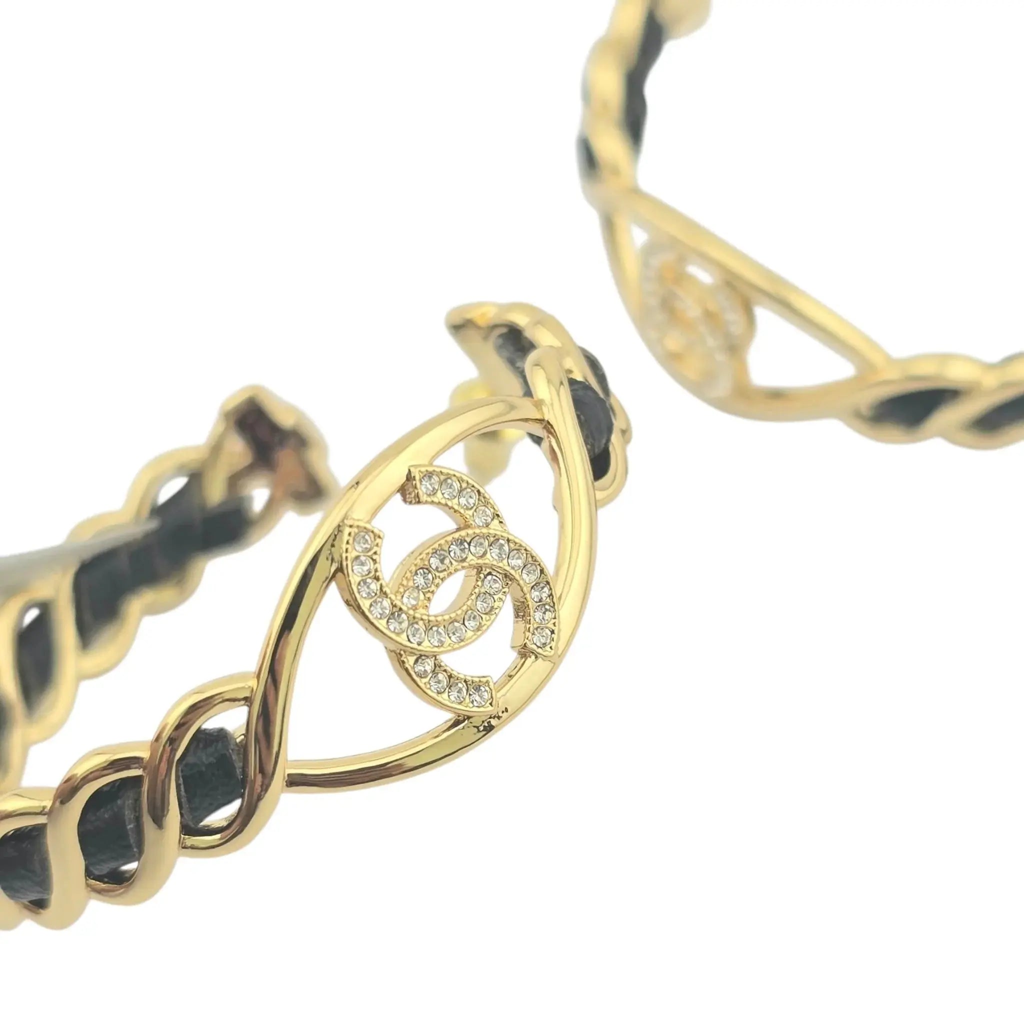 Chanel CC Hoop Leather Strass Earrings 2024 CHANEL