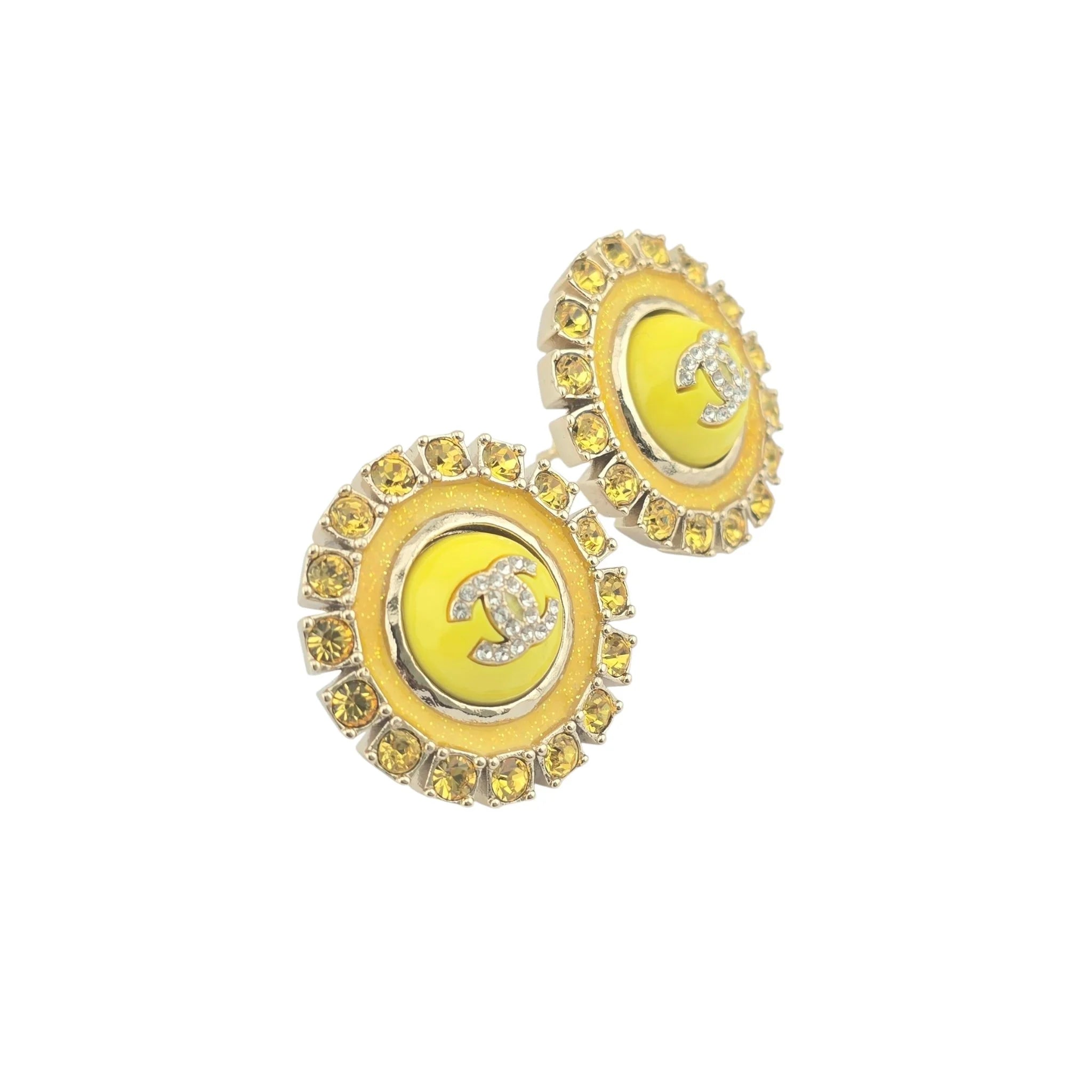 Chanel CC Yellow Crystal/Enamel Metallic Round Earrings 24 CHANEL