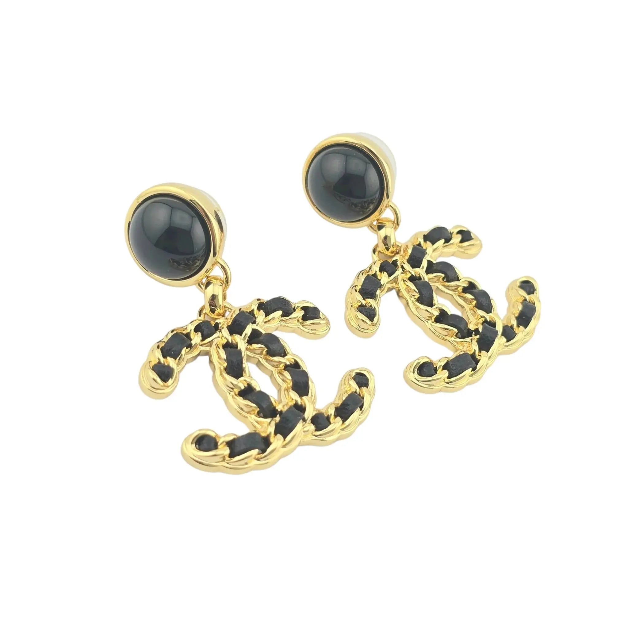 Chanel CC Gold Black Leather Drop Earrings B24 CHANEL