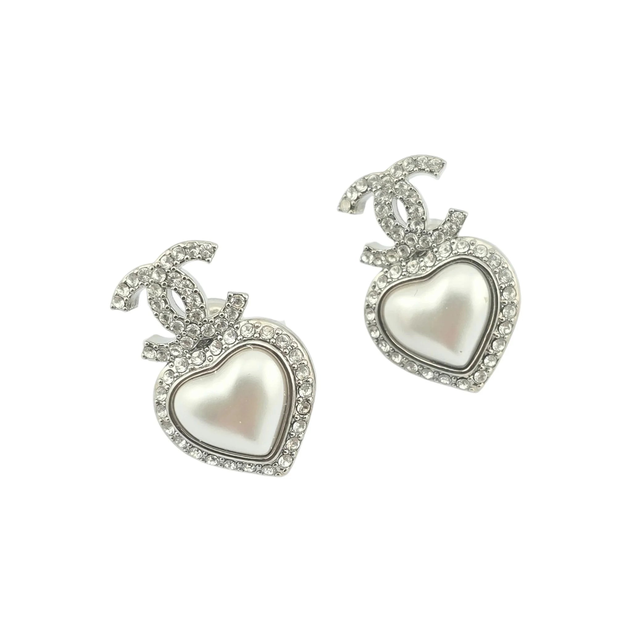 Chanel CC Pearl Crystal Heart Drop Earrings Silver 2023 CHANEL