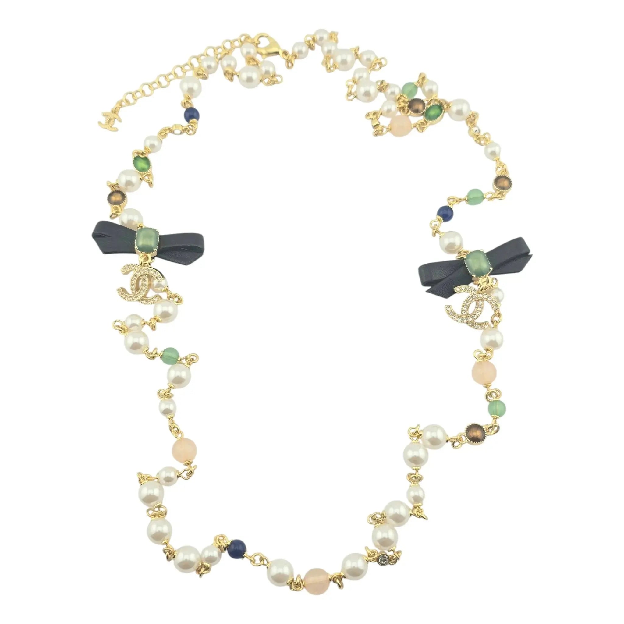 Chanel CC Bow Faux Pearl Bead Long Necklace 2024 CHANEL