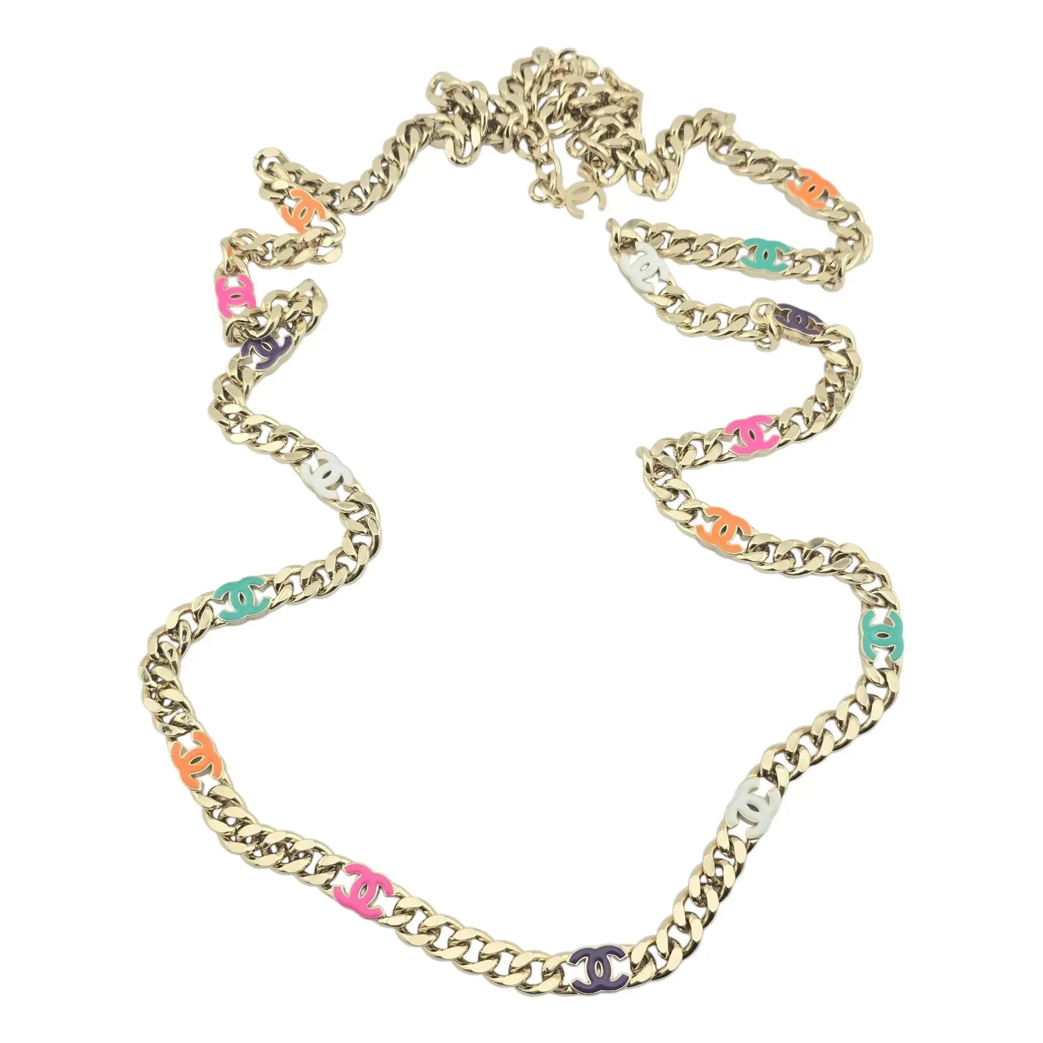 Chanel Metal Enamel Chain CC Long Necklace Gold Multicolor B24 BIJOUX HEAVEN