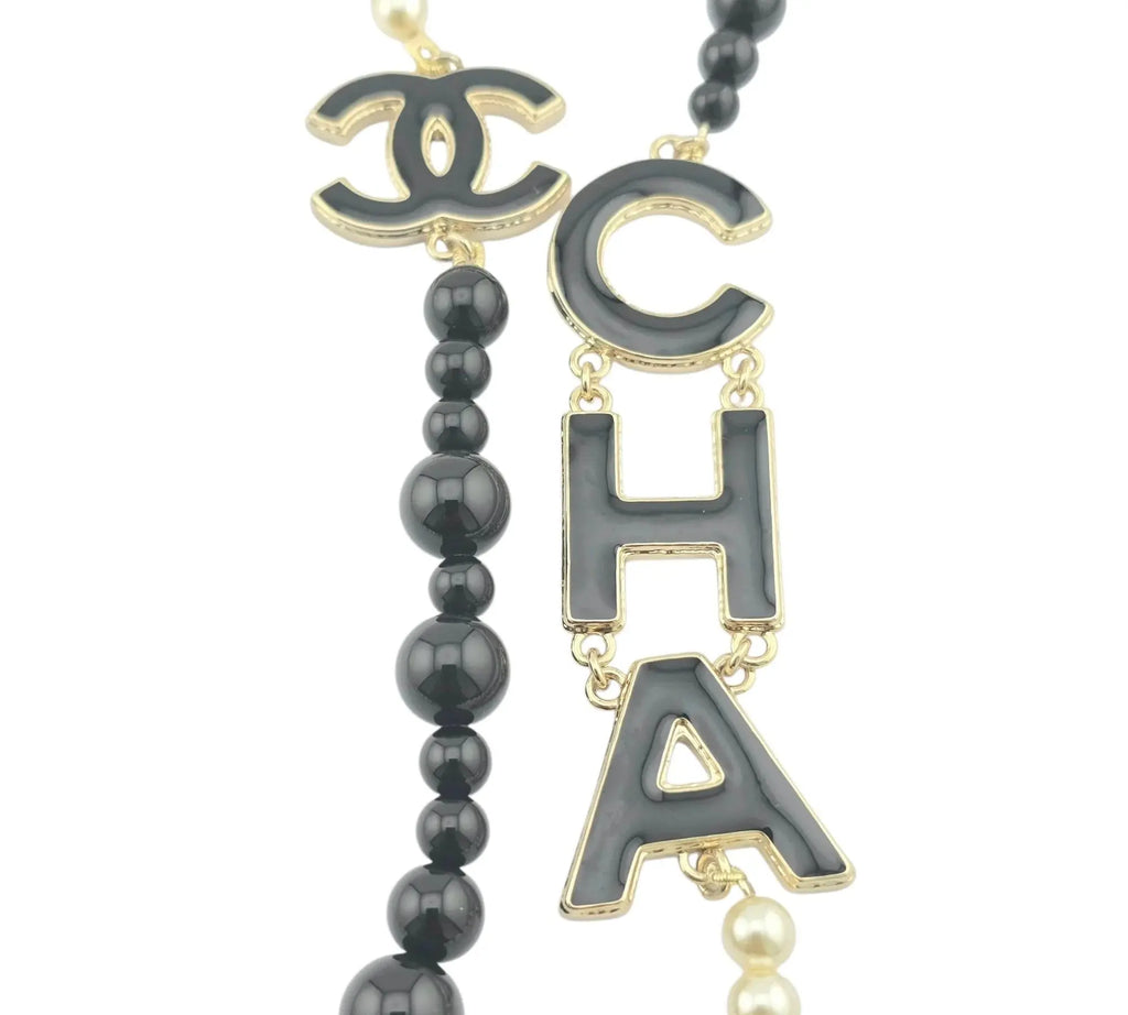 Chanel CC Metal Enamel Pearl Beaded Long Necklace Black White 2022 CHANEL