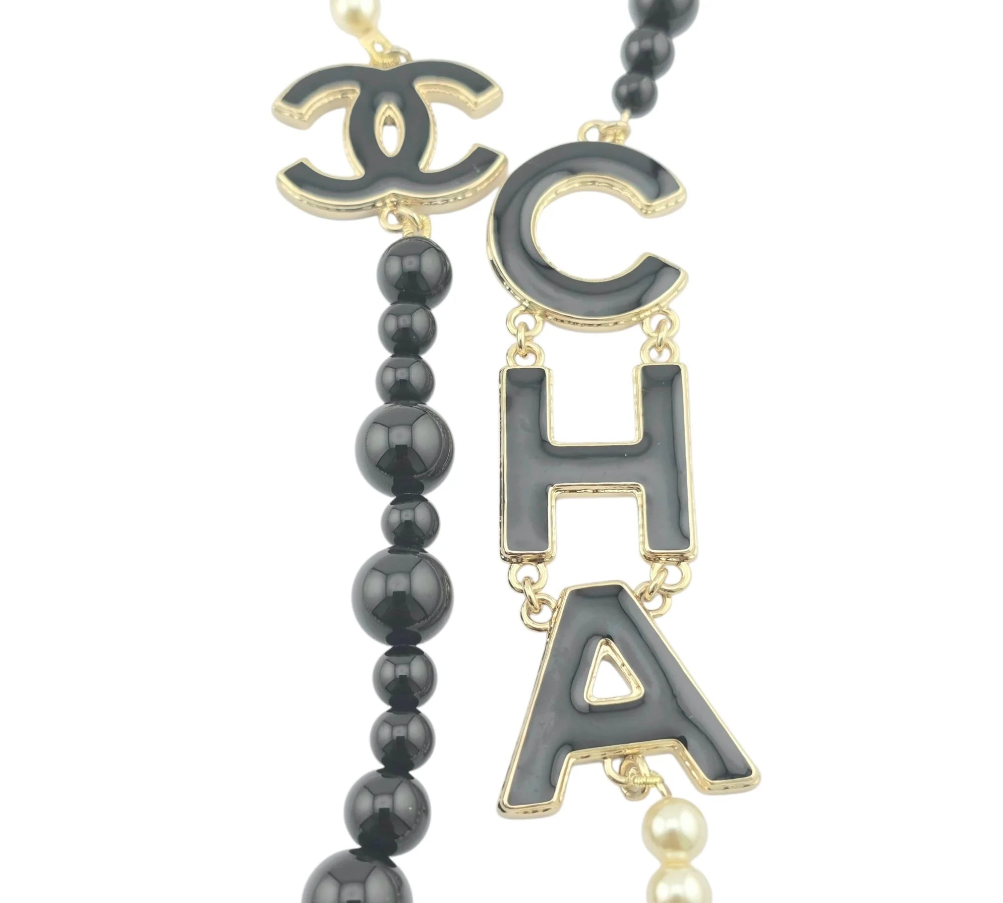 Chanel CC Metal Enamel Pearl Beaded Long Necklace Black White 2022 CHANEL