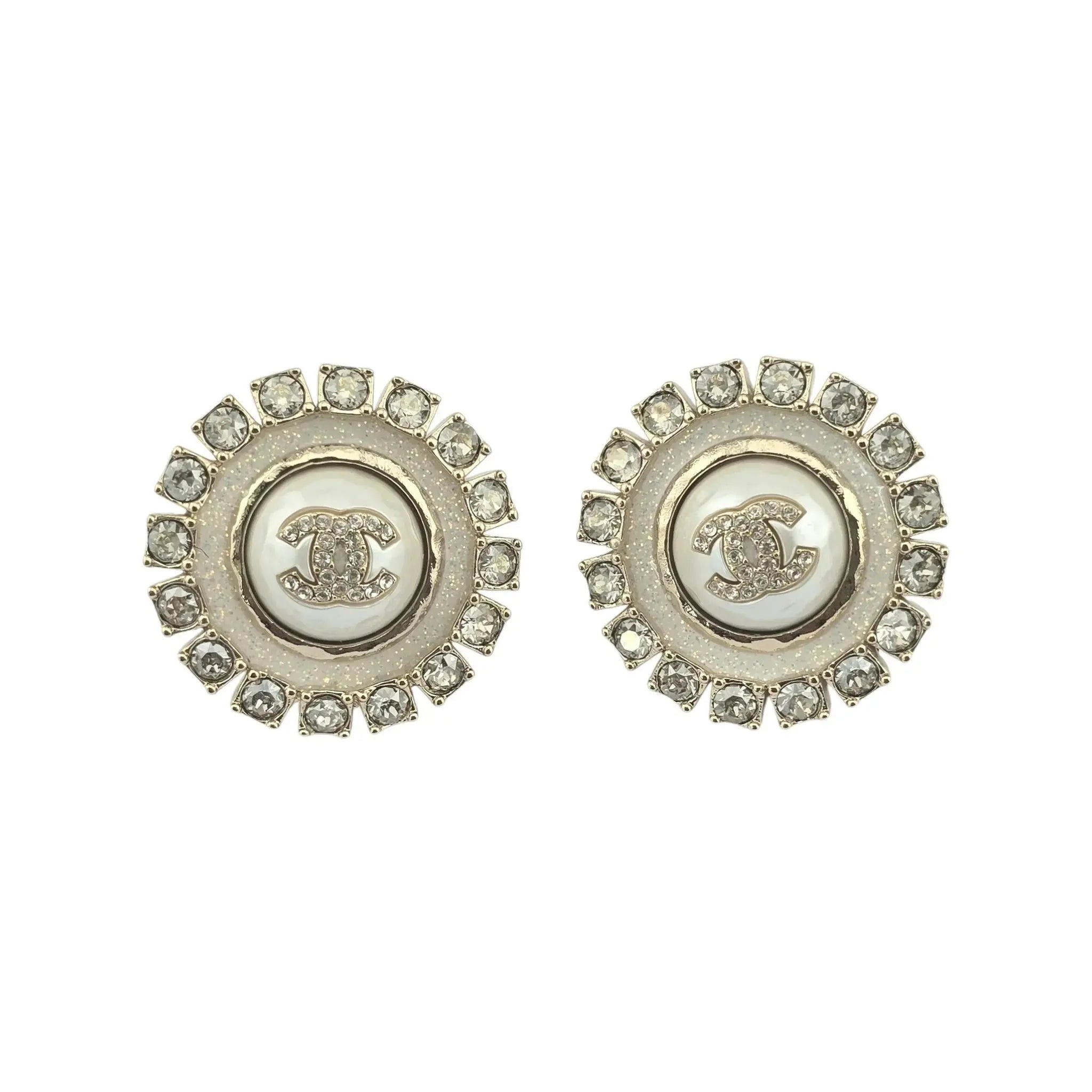 Chanel Metal Pearl Crystal CC Round Earrings Light Gold 2024 CHANEL