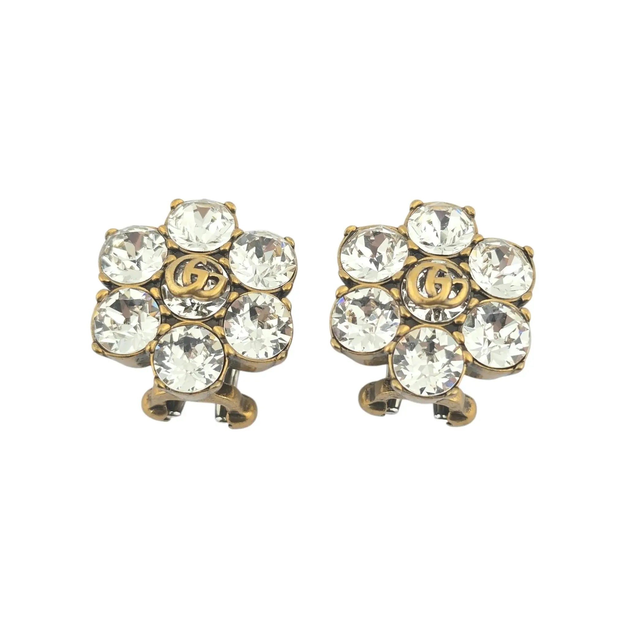 GUCCI Metal Crystal Double G Clip On Earrings Aged Gold GUCCI