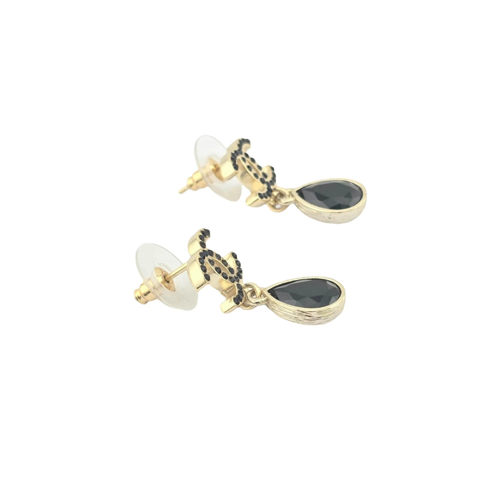 Chanel Crystal CC Teardrop Earrings Gold Black 2021 CHANEL