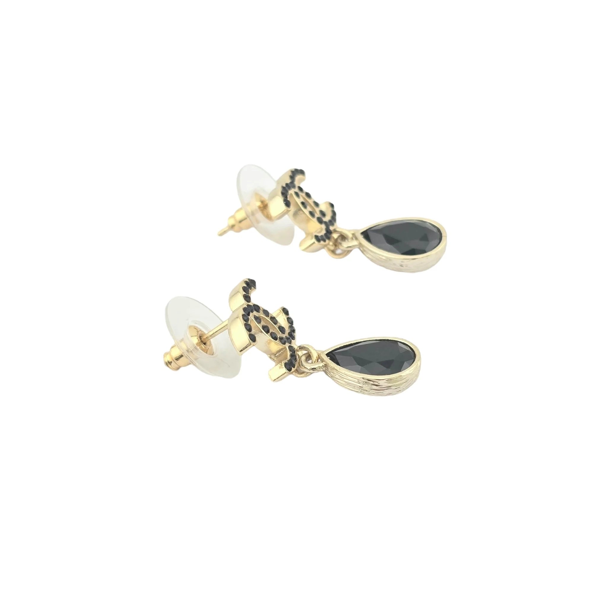Chanel Crystal CC Teardrop Earrings Gold Black 2021 CHANEL