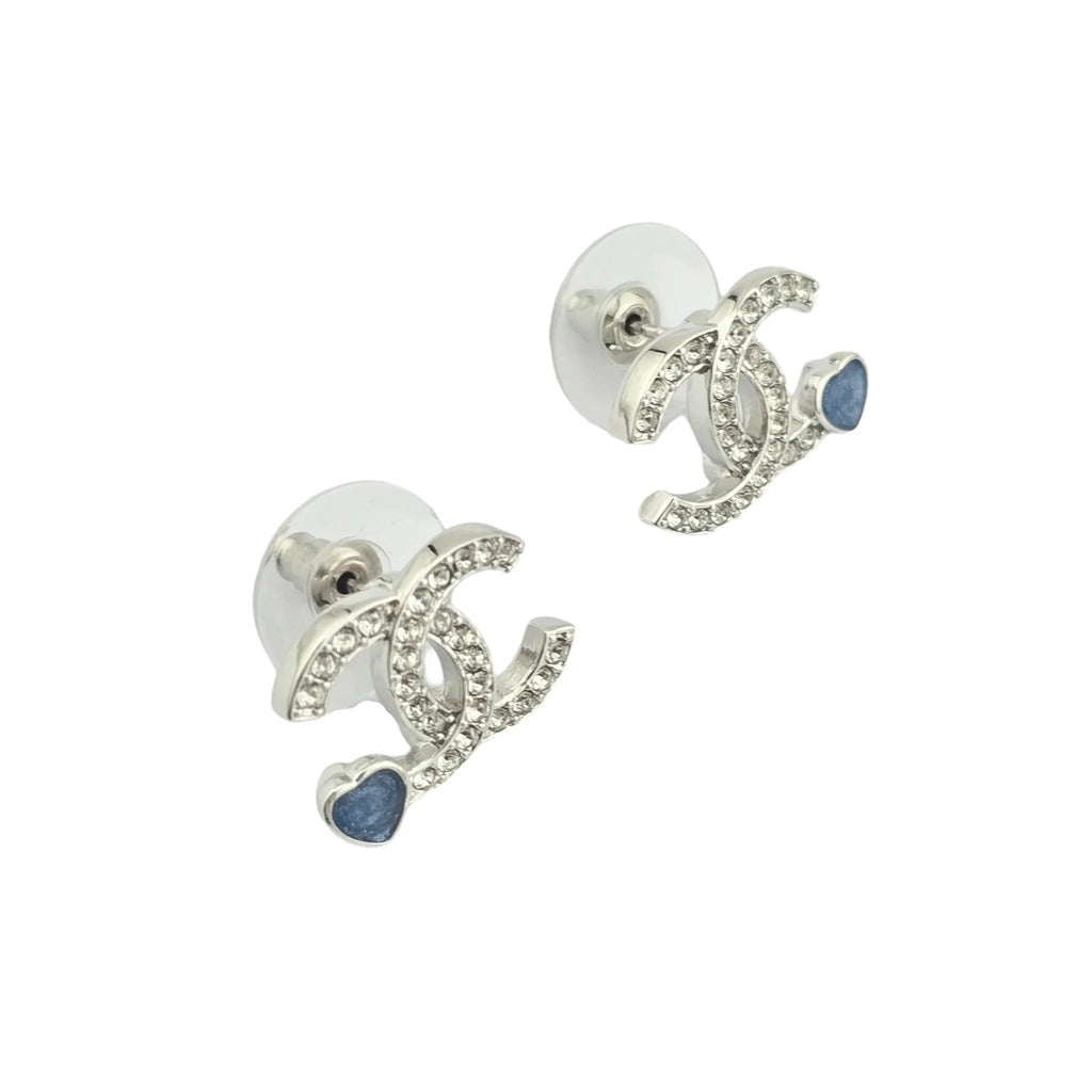Chanel CC Silver Crystal Blue Heart Stud Earrings 2025 CHANEL
